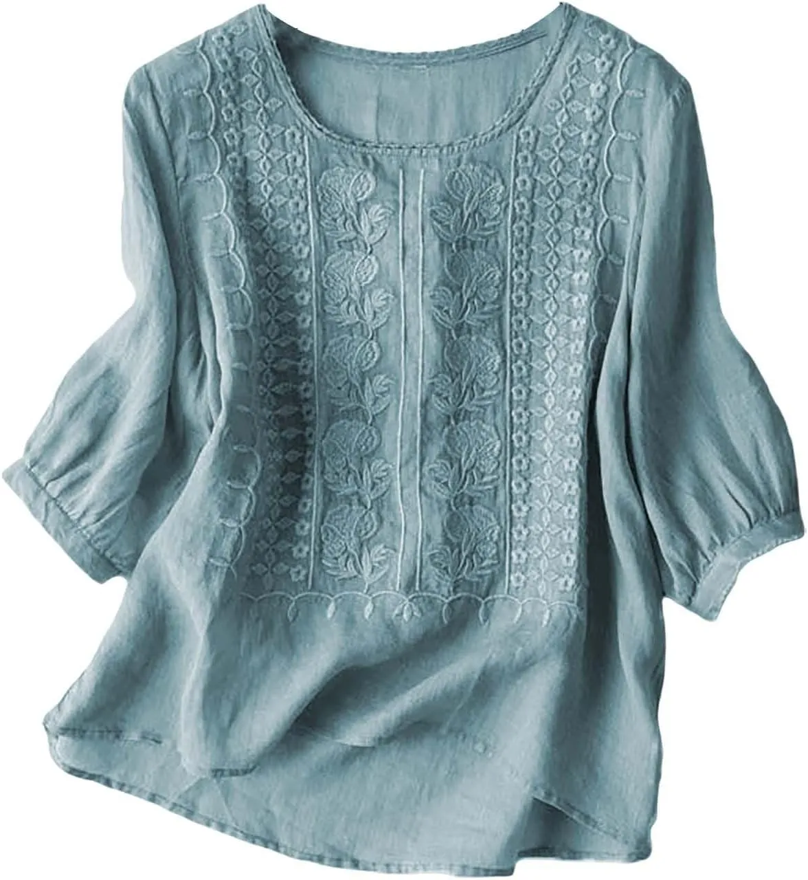 3/4 Length Sleeve Womens Tops Summer Cotton Linen Embroidered Print Chinese Shirts Casual Boho Tops Comfy Blouses