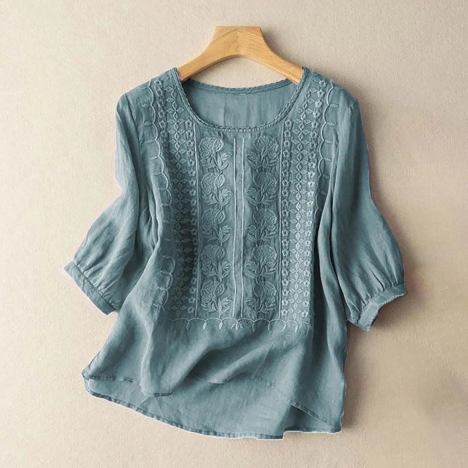 3/4 Length Sleeve Womens Tops Summer Cotton Linen Embroidered Print Chinese Shirts Casual Boho Tops Comfy Blouses