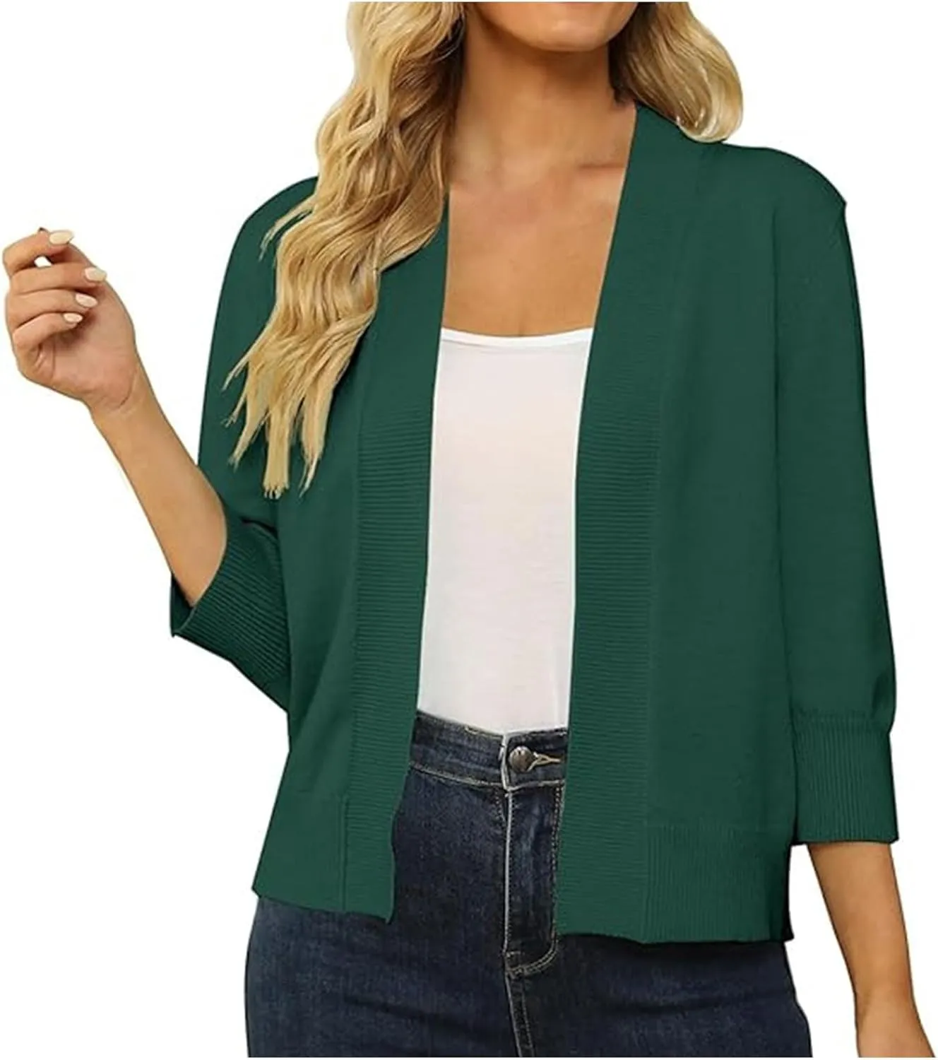 3/4 Sleeve Cardigan for Women Crochet Cropped Cardigan Cable Knit Cardigan Lightweight Casual Cardigan Solid Cardigan