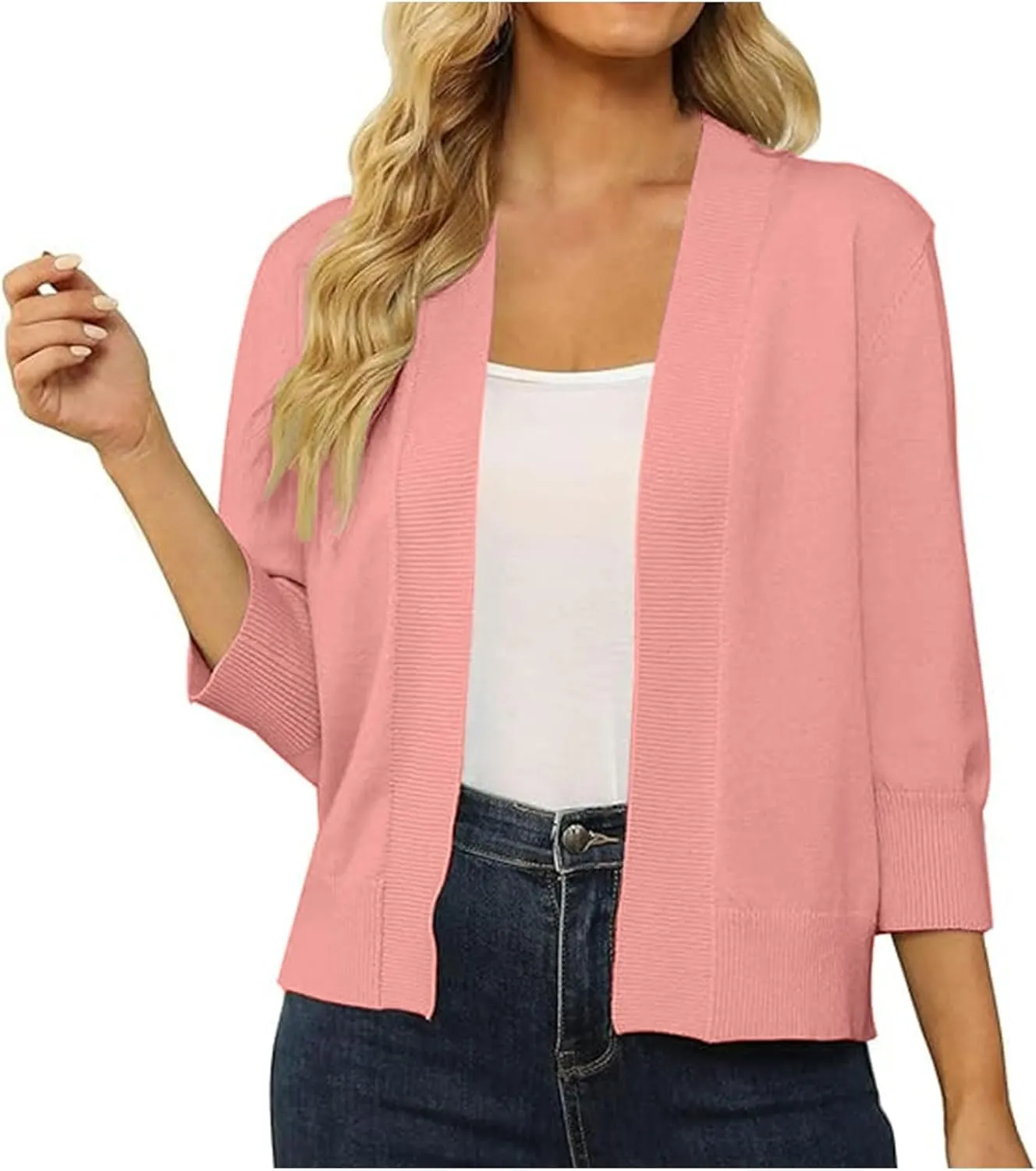 3/4 Sleeve Cardigan for Women Crochet Cropped Cardigan Cable Knit Cardigan Lightweight Casual Cardigan Solid Cardigan
