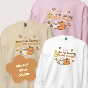 Autumn Leaves & Coffee Please Kawaii Sweatshirt | Cozy Fall Jumper | Cute Seasonal Aesthetic Sweater