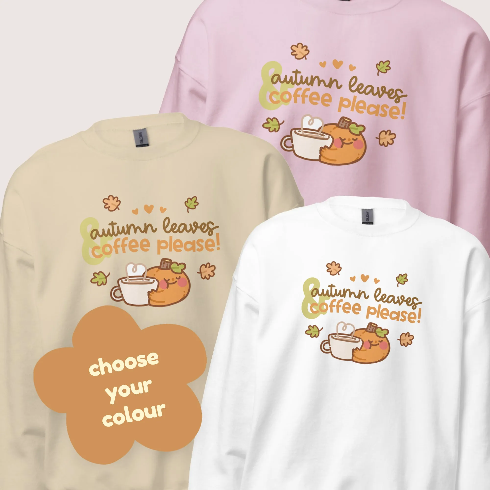 Autumn Leaves & Coffee Please Kawaii Sweatshirt | Cozy Fall Jumper | Cute Seasonal Aesthetic Sweater
