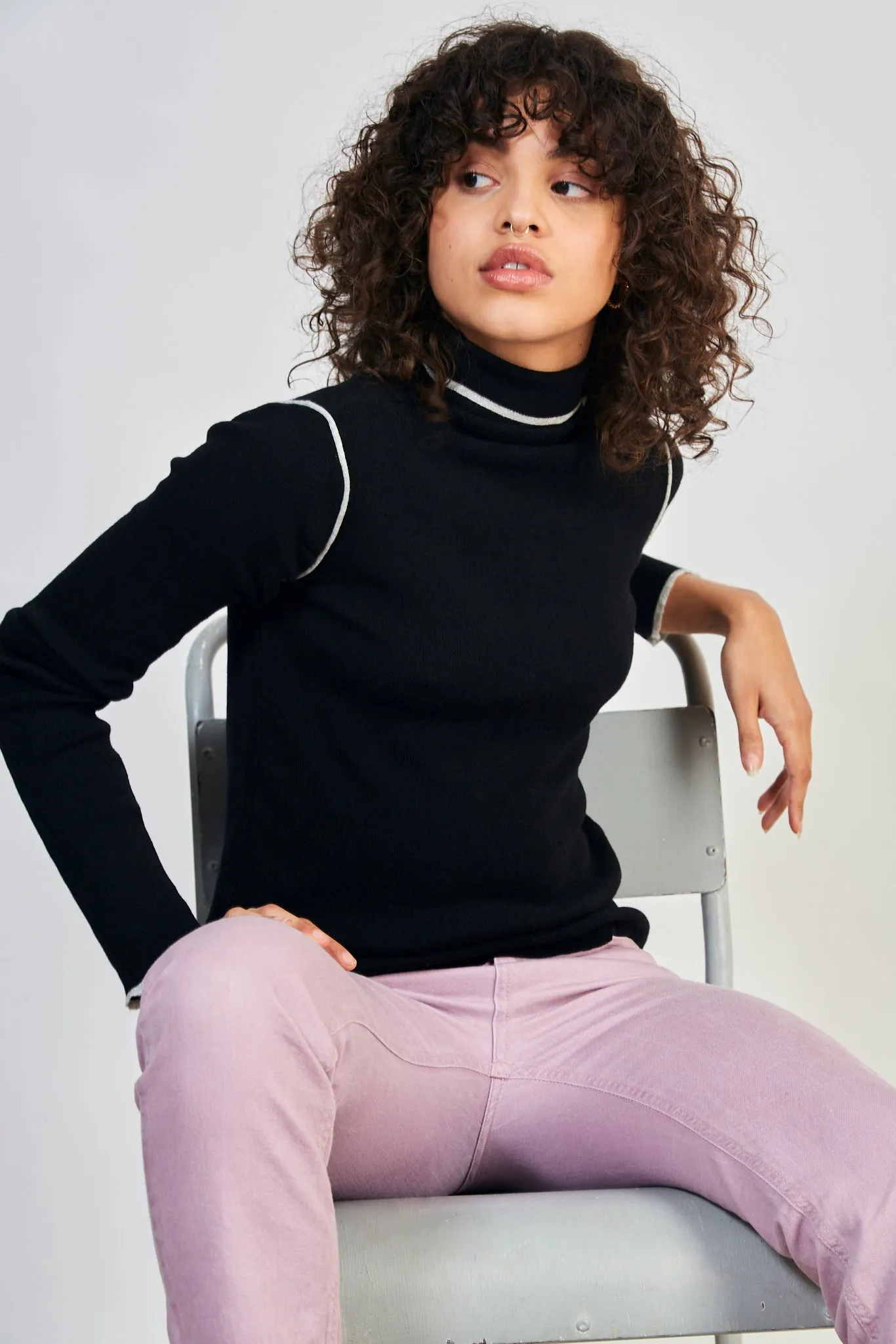 Black and white trim turtleneck top