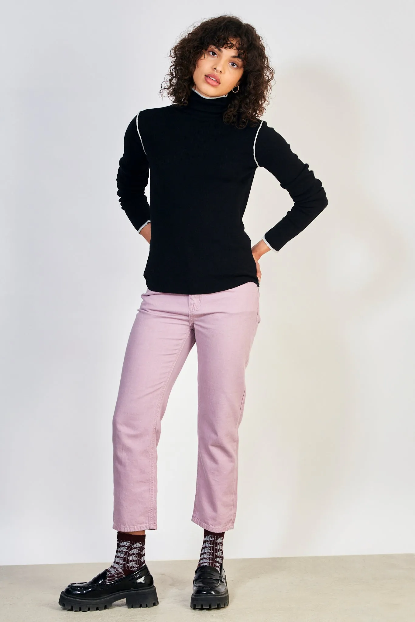 Black and white trim turtleneck top