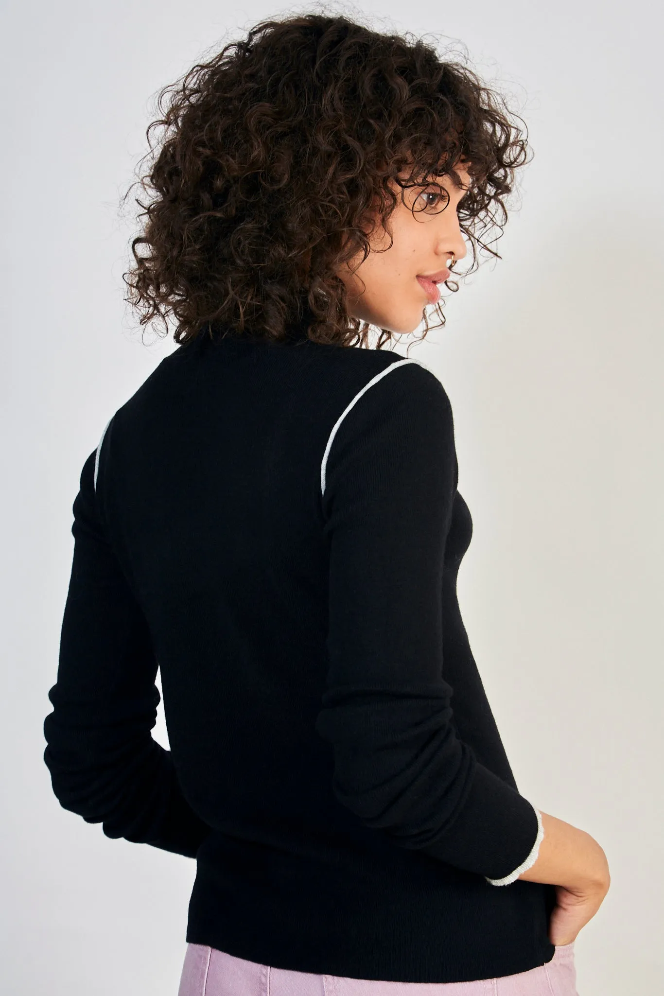 Black and white trim turtleneck top