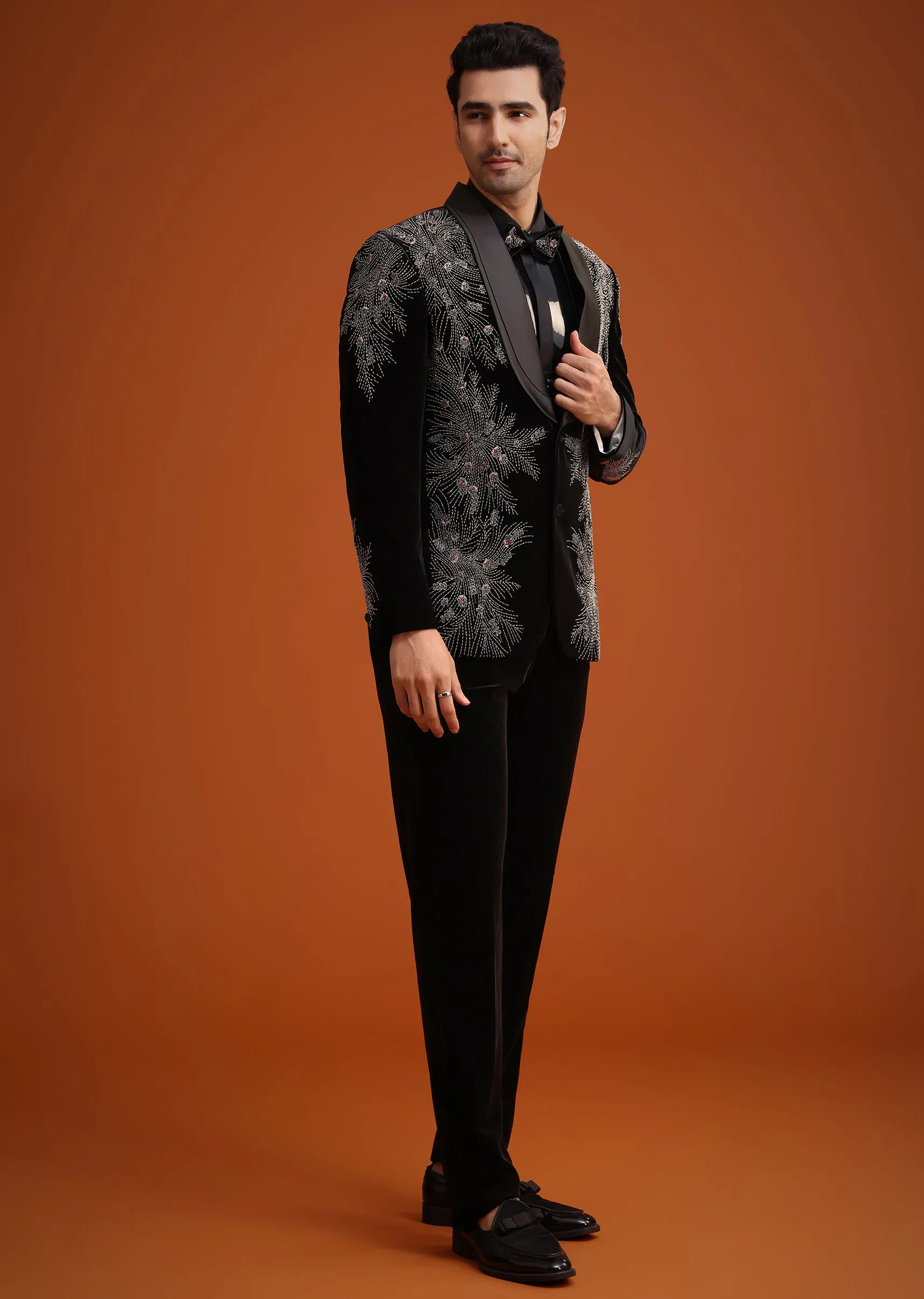 Black Micro Velvet Cutdana Embellished Tuxedo Set