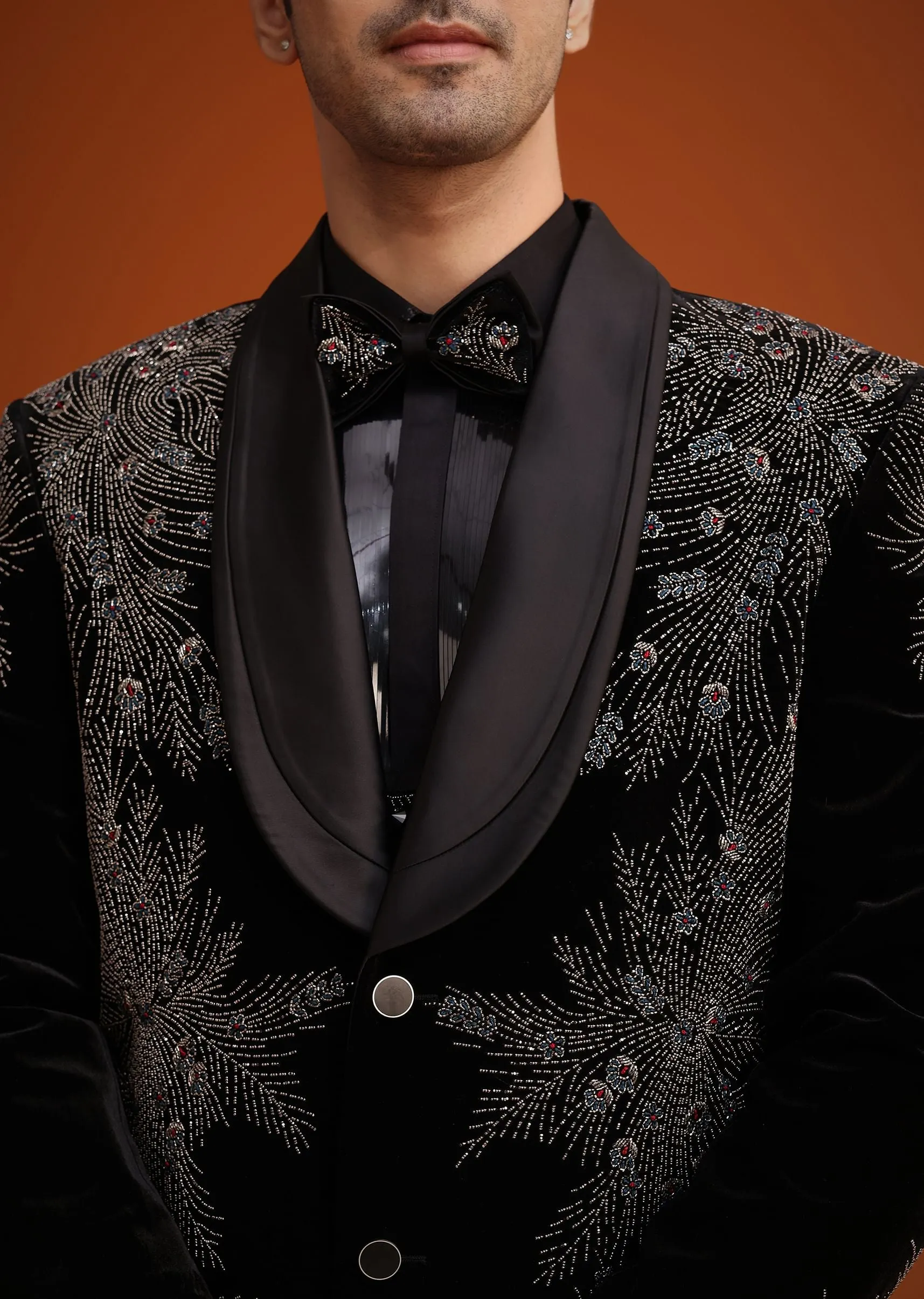 Black Micro Velvet Cutdana Embellished Tuxedo Set