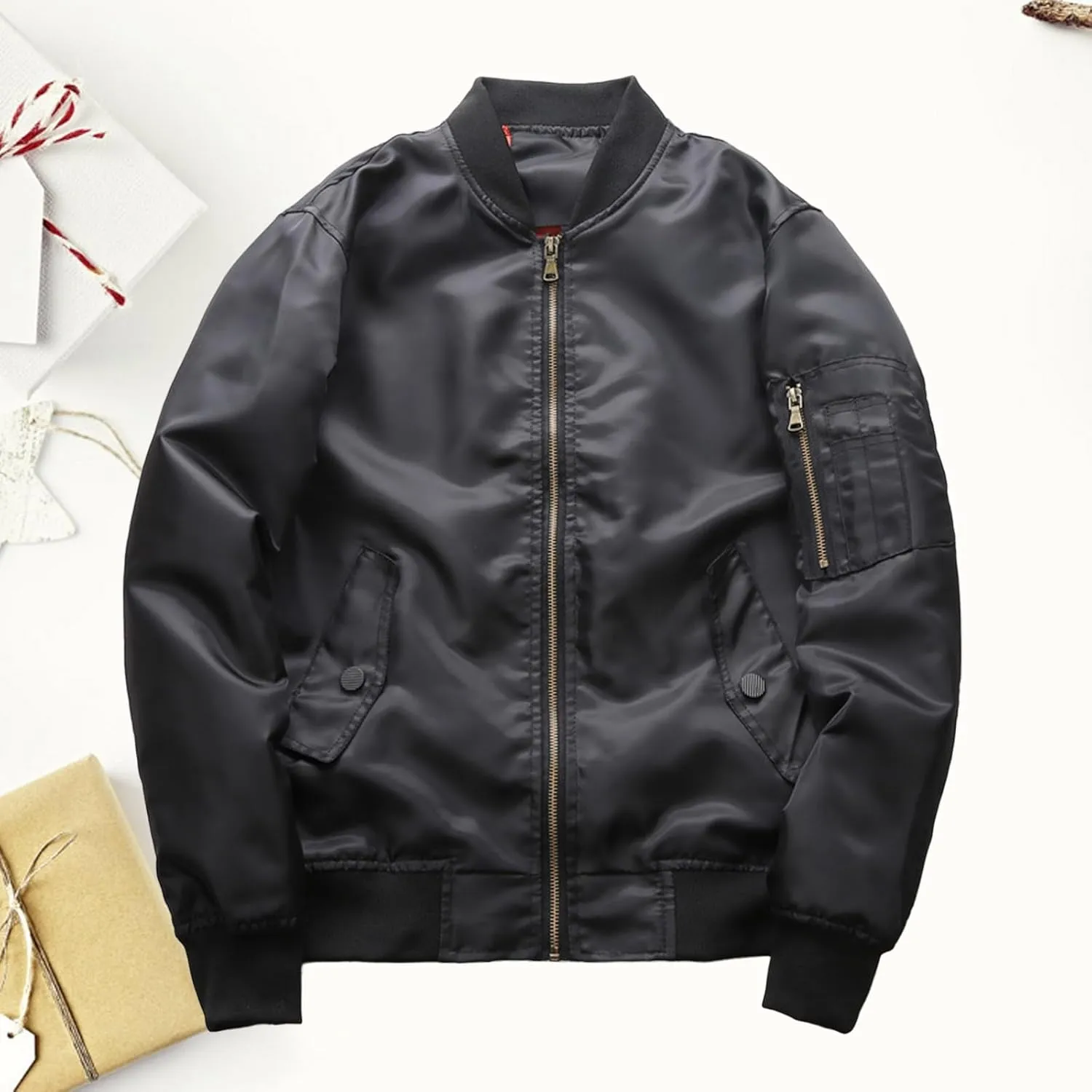 Bomber Jacket for Men Zipper Stand Collar Long Sleeve Coat Lightweight Thin Fall Winter Outwear with Pocket Plus Size