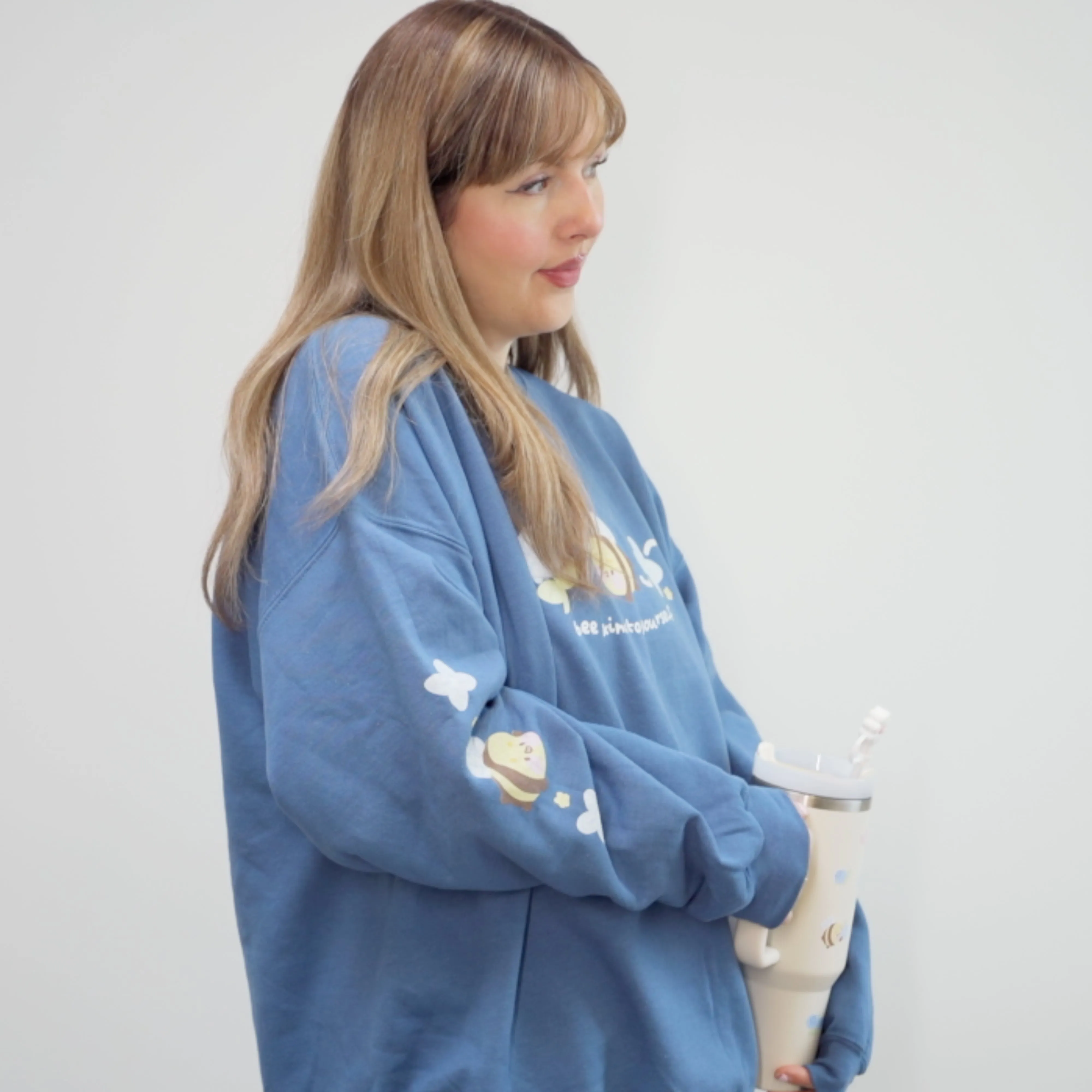 Bumblebutt Bee Sweatshirt | Bee Kind to Yourself Quote | Cute Cozy Blue Hydrangea Kawaii Floral Jumper