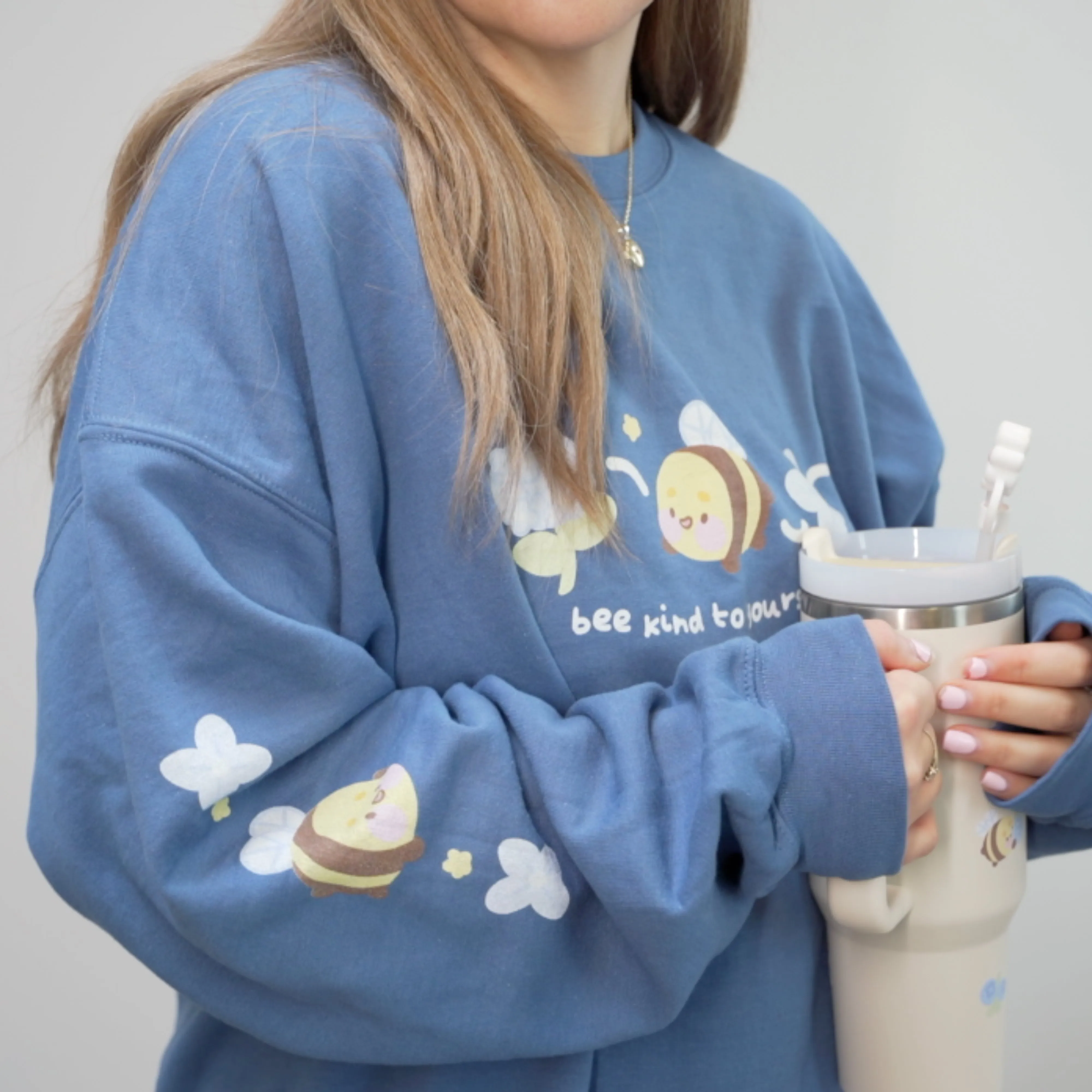 Bumblebutt Bee Sweatshirt | Bee Kind to Yourself Quote | Cute Cozy Blue Hydrangea Kawaii Floral Jumper