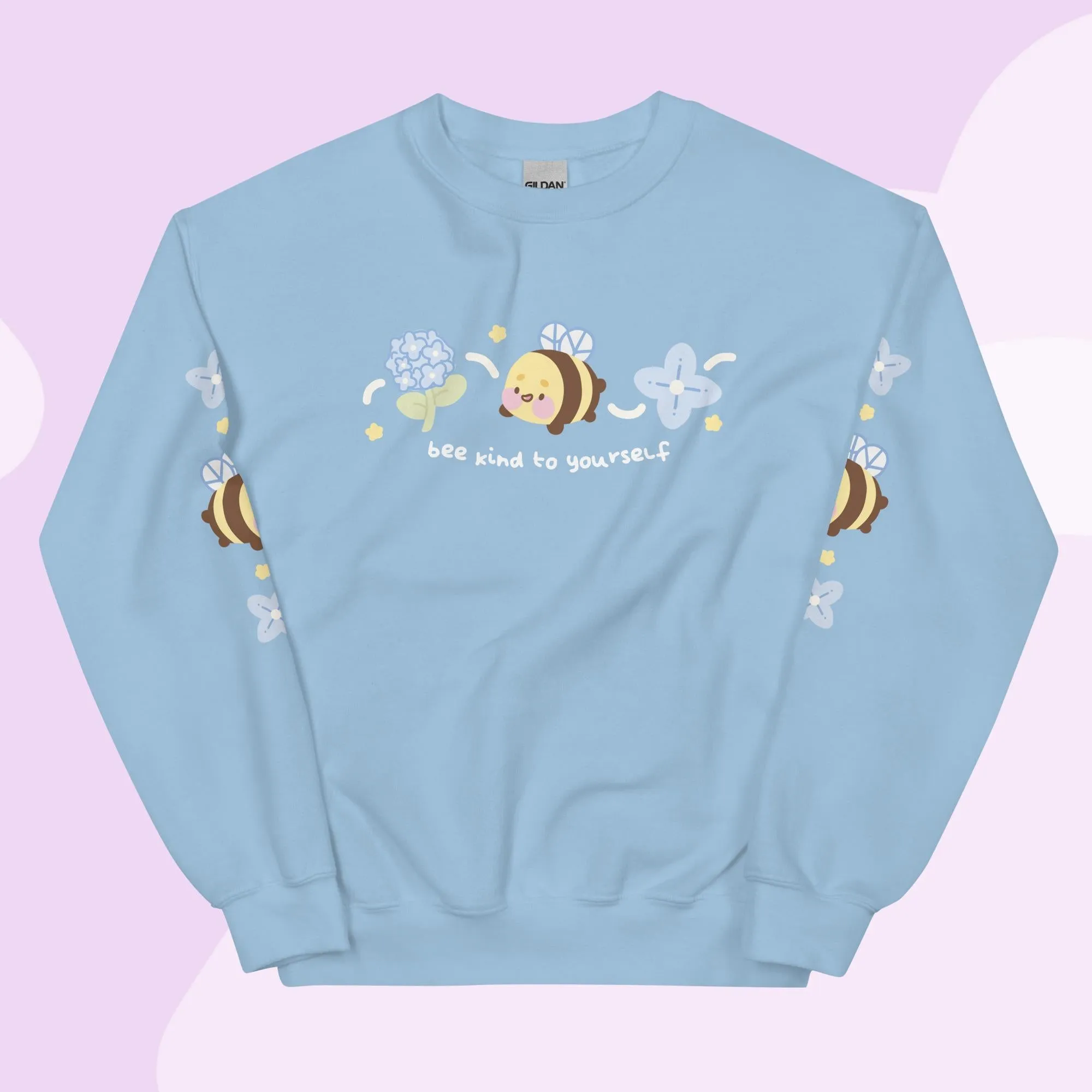 Bumblebutt Bee Sweatshirt | Bee Kind to Yourself Quote | Cute Cozy Blue Hydrangea Kawaii Floral Jumper