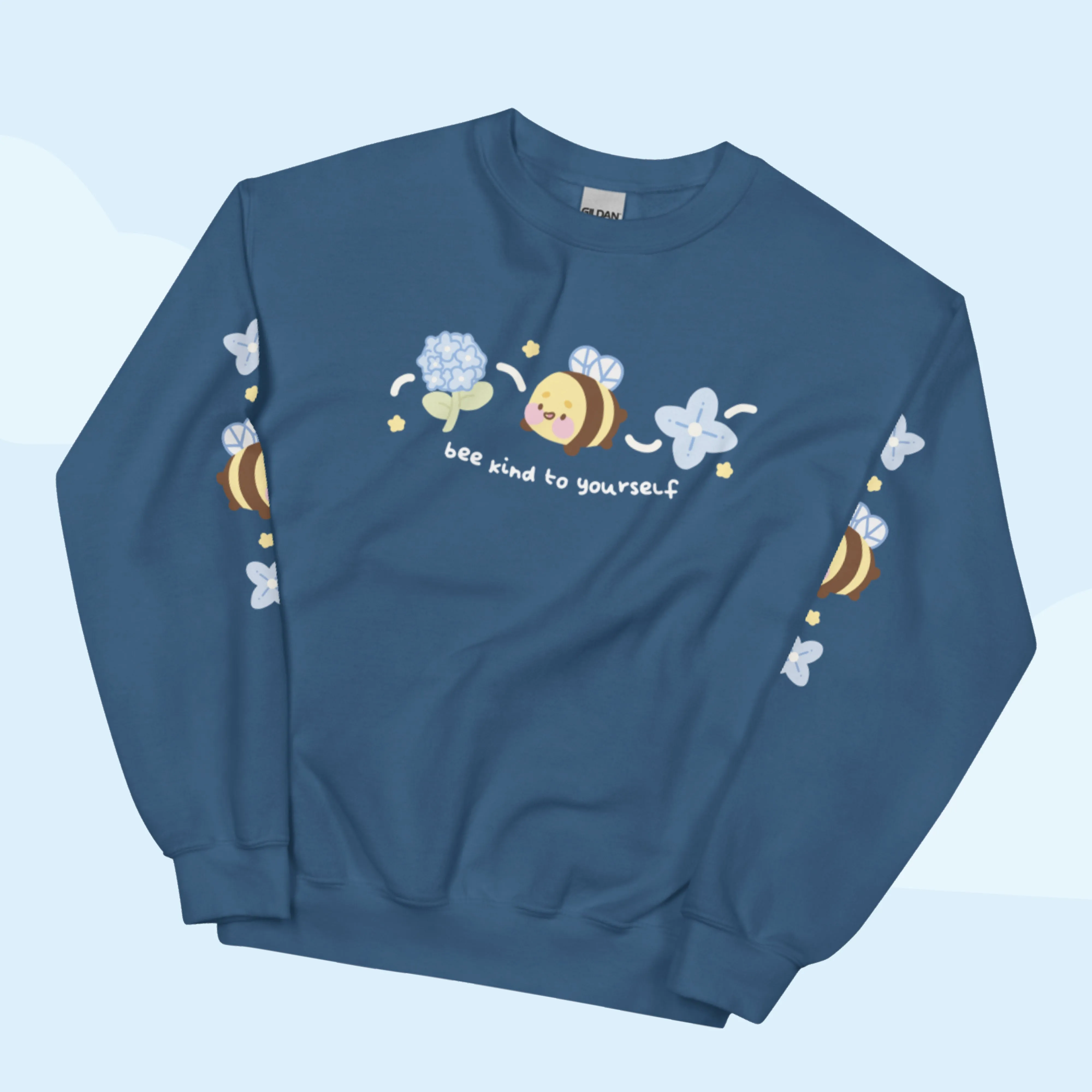 Bumblebutt Bee Sweatshirt | Bee Kind to Yourself Quote | Cute Cozy Blue Hydrangea Kawaii Floral Jumper