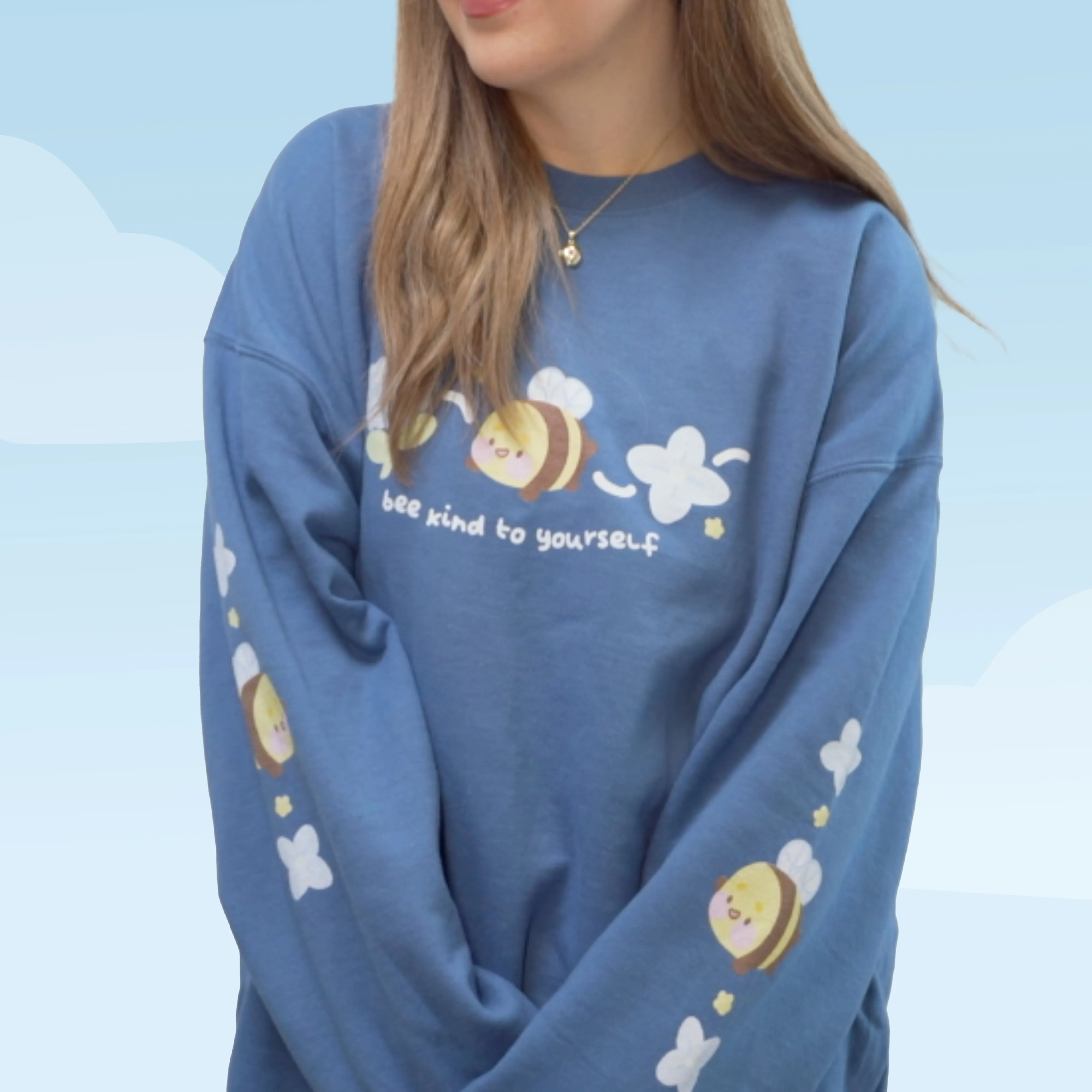 Bumblebutt Bee Sweatshirt | Bee Kind to Yourself Quote | Cute Cozy Blue Hydrangea Kawaii Floral Jumper