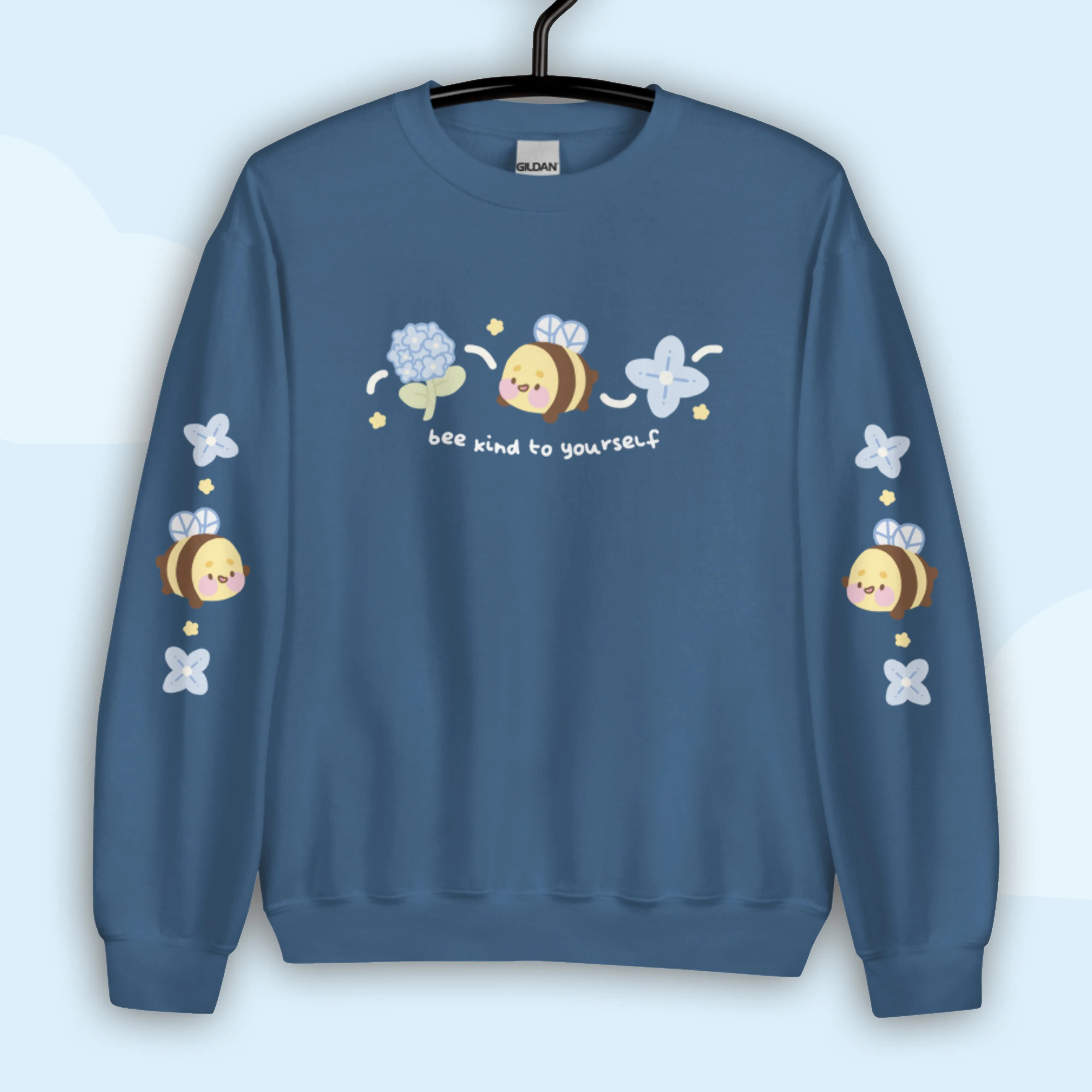 Bumblebutt Bee Sweatshirt | Bee Kind to Yourself Quote | Cute Cozy Blue Hydrangea Kawaii Floral Jumper