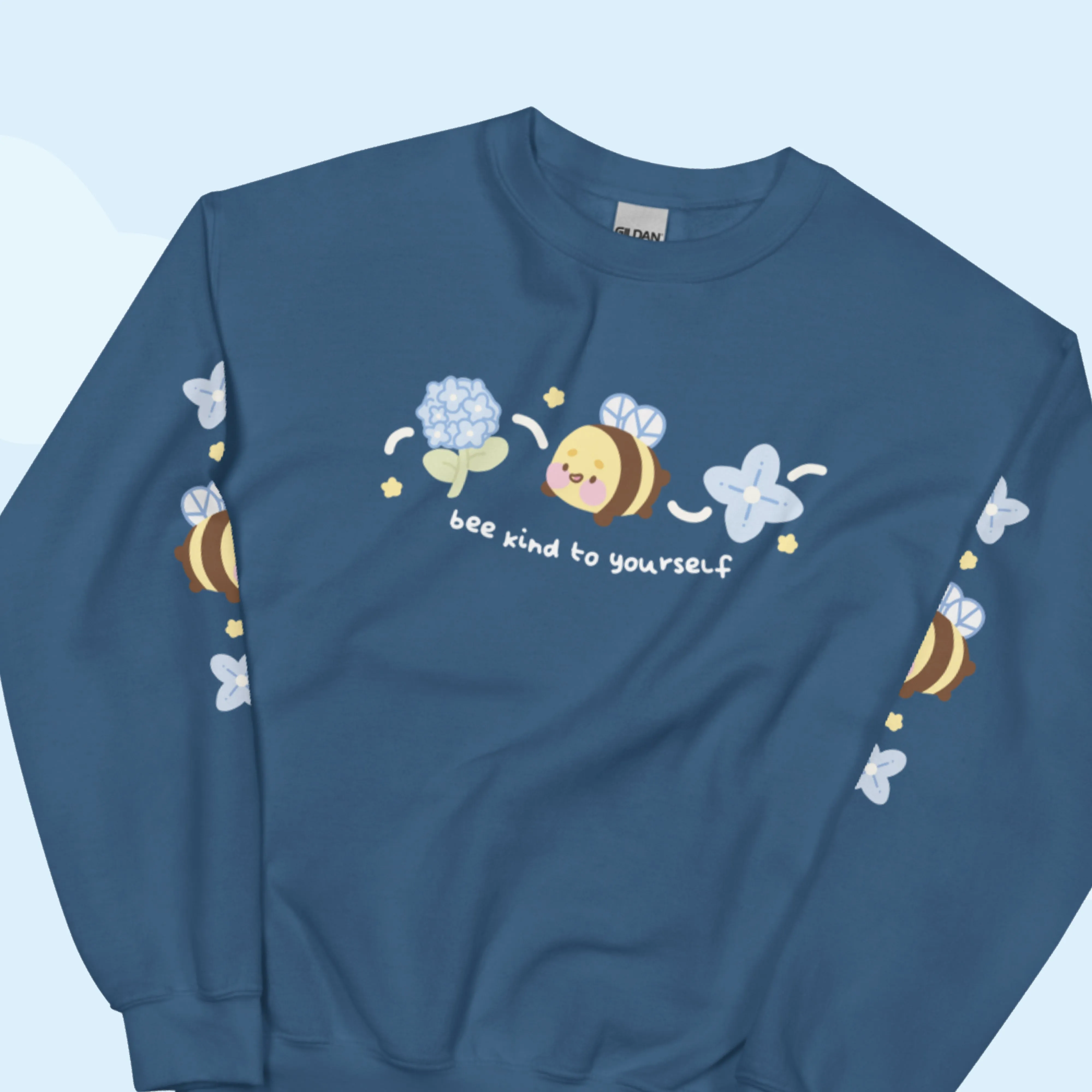 Bumblebutt Bee Sweatshirt | Bee Kind to Yourself Quote | Cute Cozy Blue Hydrangea Kawaii Floral Jumper