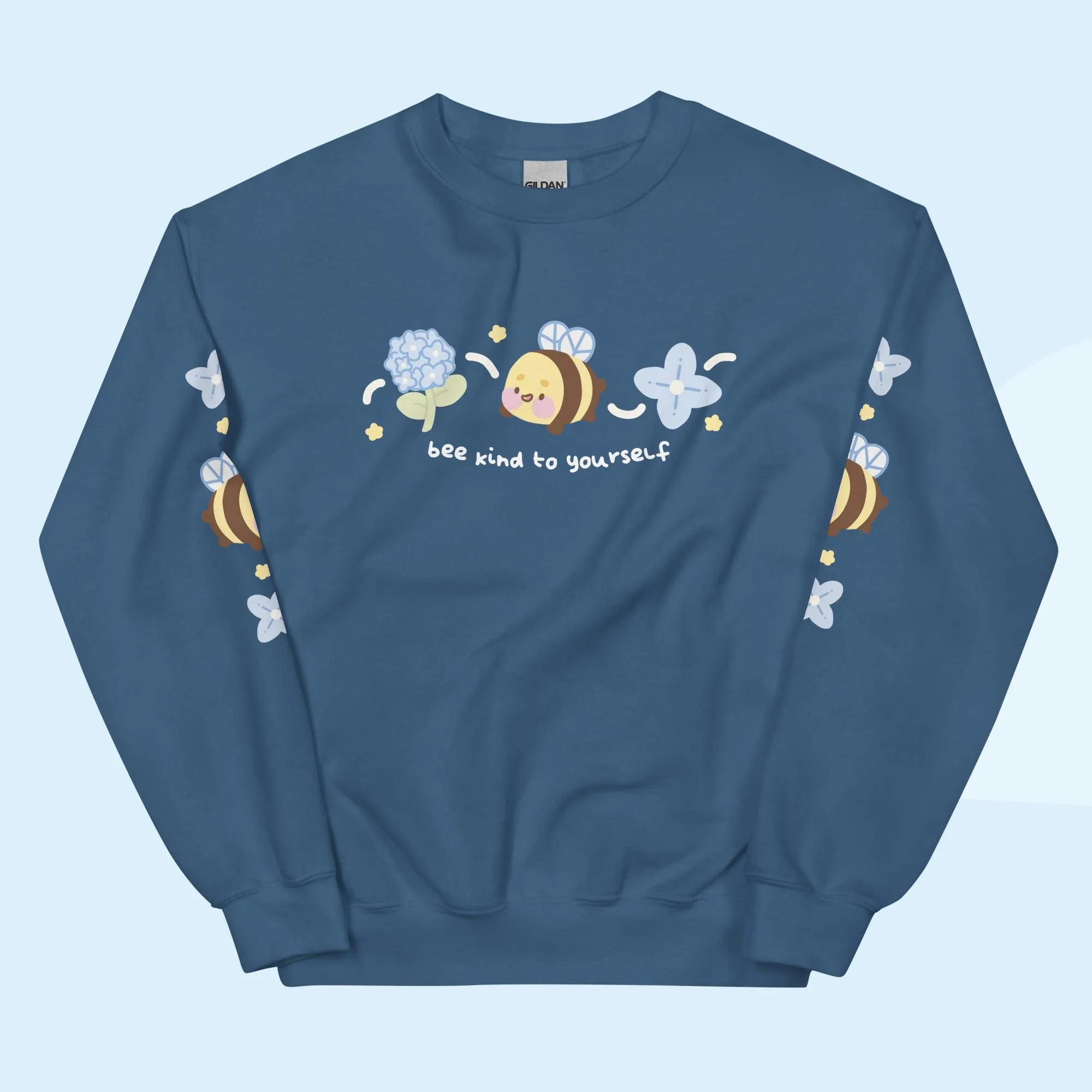 Bumblebutt Bee Sweatshirt | Bee Kind to Yourself Quote | Cute Cozy Blue Hydrangea Kawaii Floral Jumper