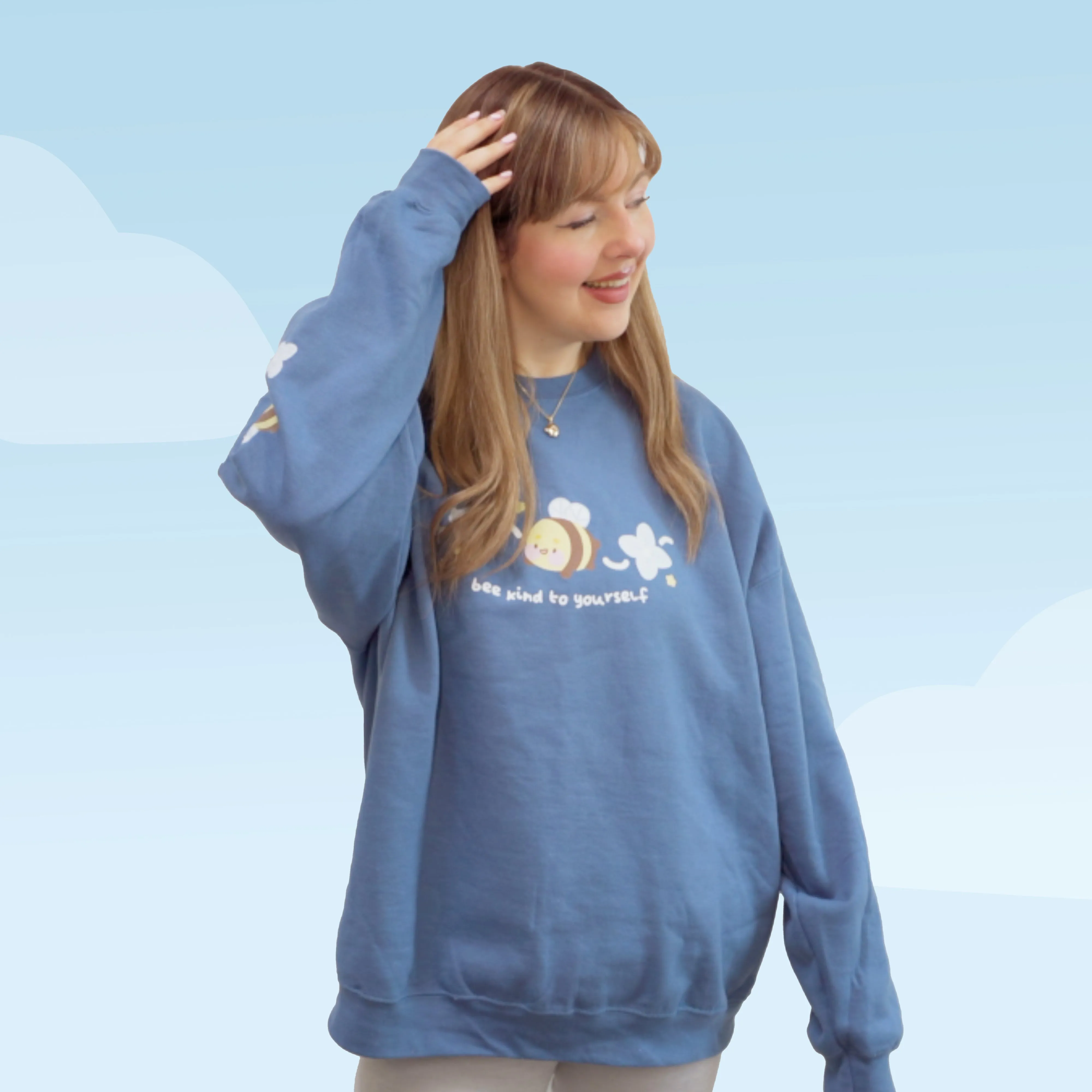Bumblebutt Bee Sweatshirt | Bee Kind to Yourself Quote | Cute Cozy Blue Hydrangea Kawaii Floral Jumper