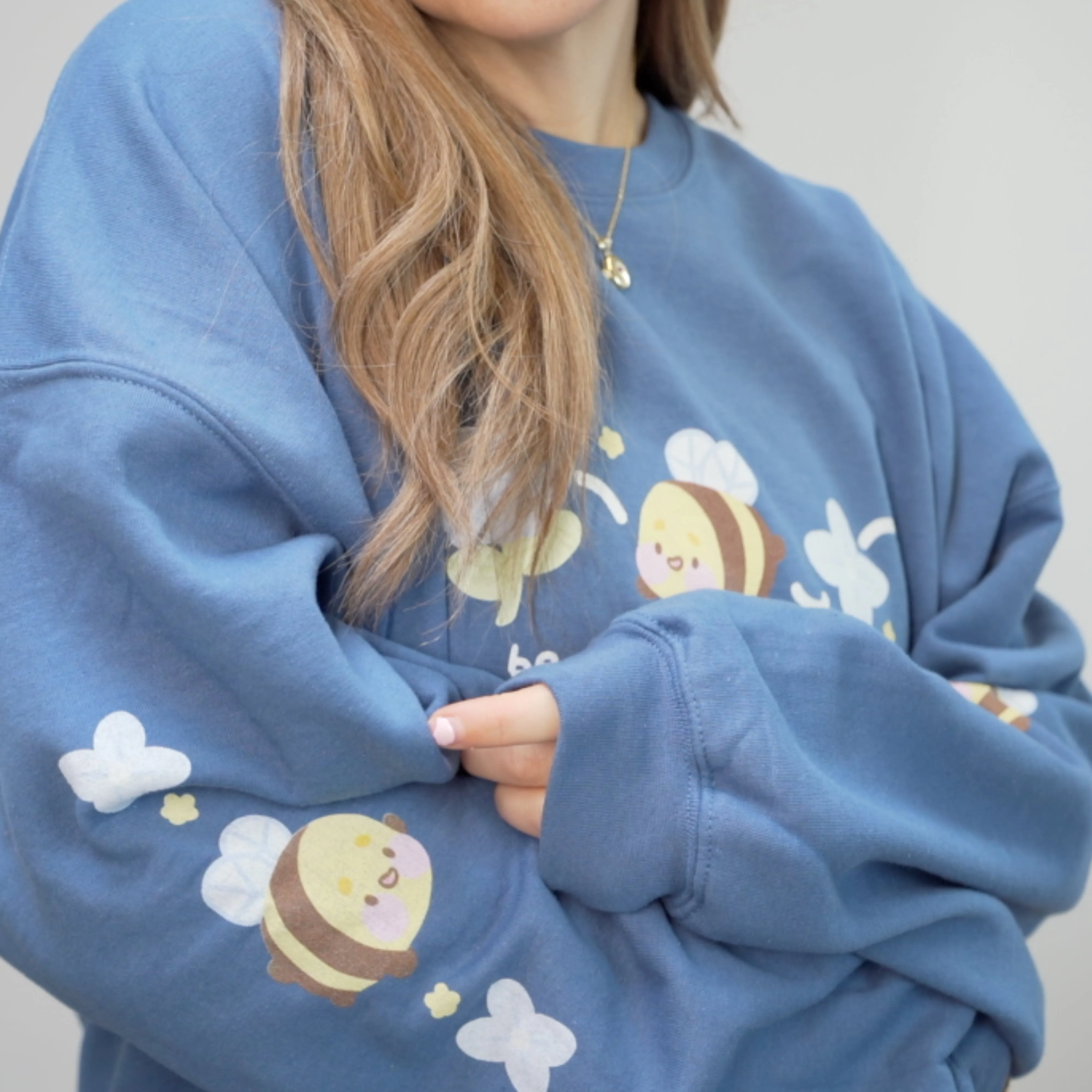Bumblebutt Bee Sweatshirt | Bee Kind to Yourself Quote | Cute Cozy Blue Hydrangea Kawaii Floral Jumper