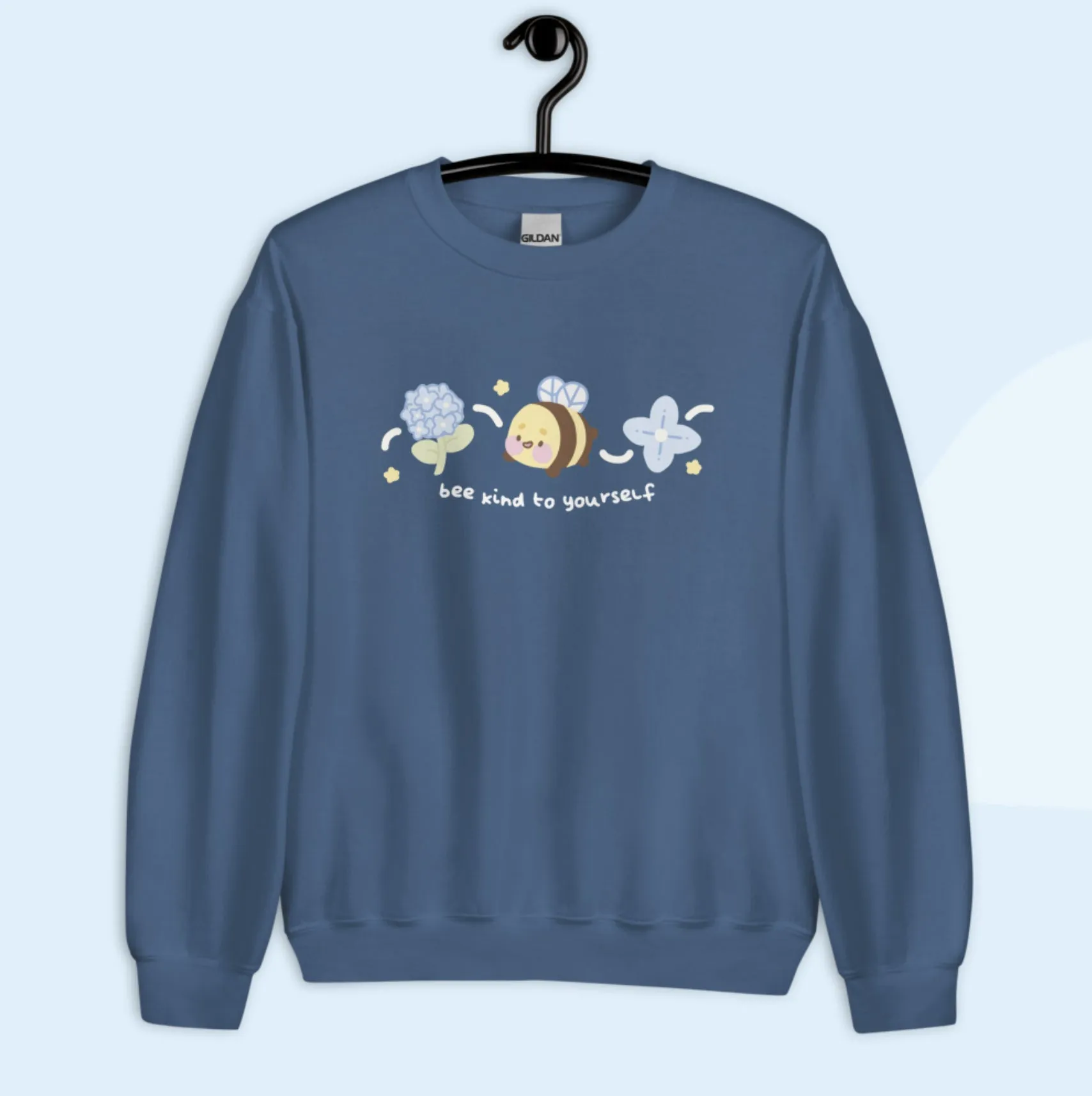 Bumblebutt Bee Sweatshirt | Bee Kind to Yourself Quote | Cute Kawaii Blue Hydrangea Floral Jumper