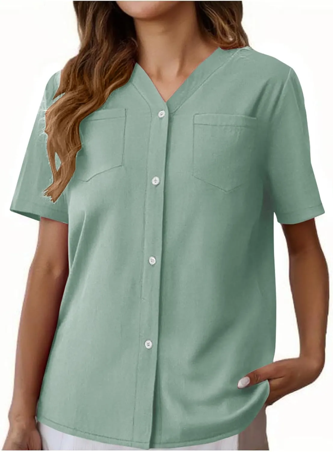 Button Down V Neck Linen Cotton Shirt for Women Casual Summer Short Sleeve Comfy Tops Work Office Blouses Pocket