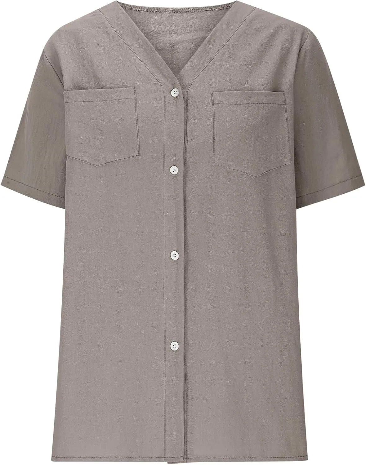Button Down V Neck Linen Cotton Shirt for Women Casual Summer Short Sleeve Comfy Tops Work Office Blouses Pocket
