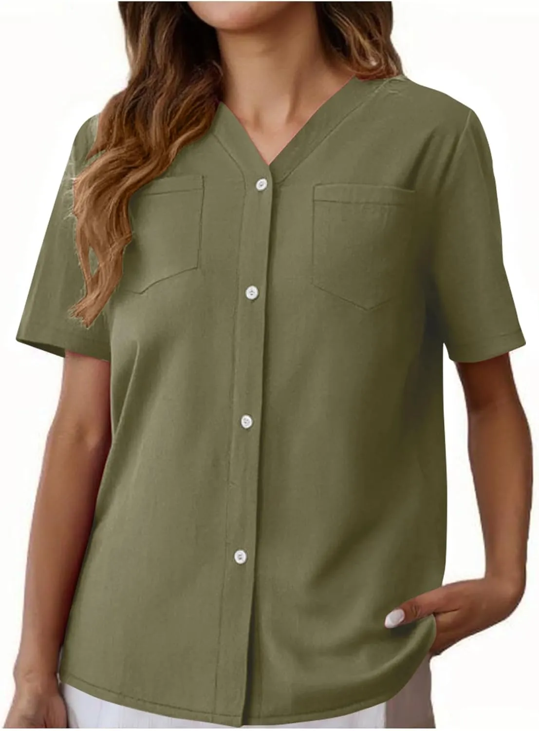 Button Down V Neck Linen Cotton Shirt for Women Casual Summer Short Sleeve Comfy Tops Work Office Blouses Pocket