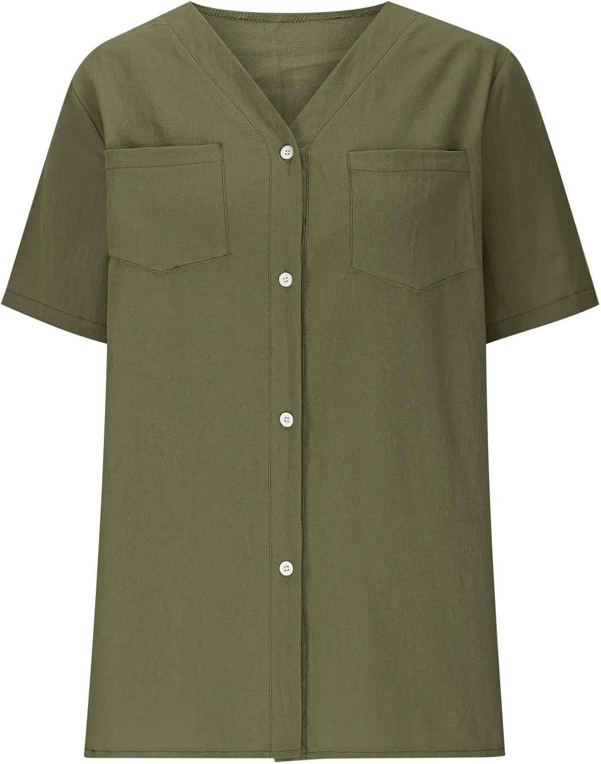 Button Down V Neck Linen Cotton Shirt for Women Casual Summer Short Sleeve Comfy Tops Work Office Blouses Pocket