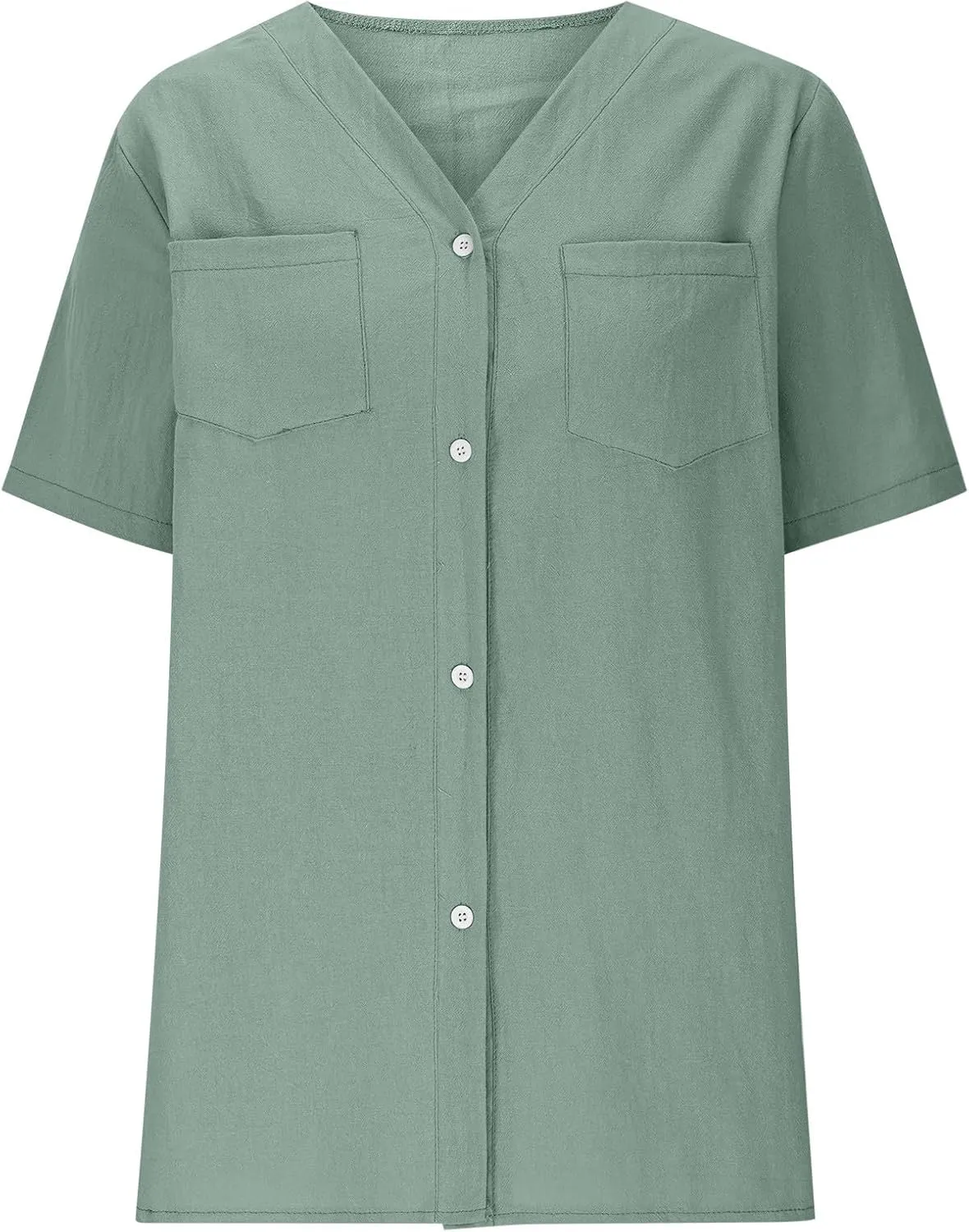 Button Down V Neck Linen Cotton Shirt for Women Casual Summer Short Sleeve Comfy Tops Work Office Blouses Pocket