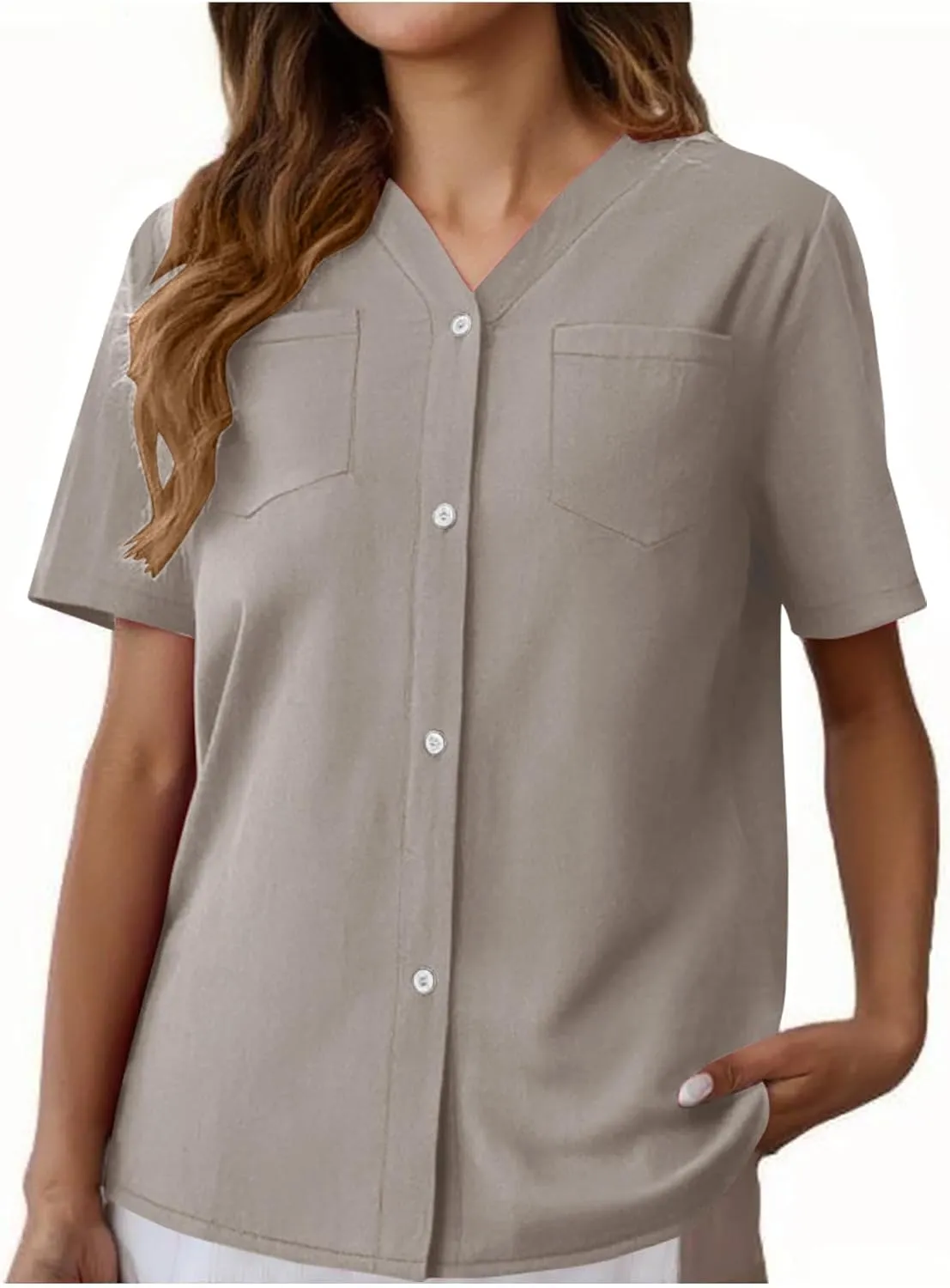 Button Down V Neck Linen Cotton Shirt for Women Casual Summer Short Sleeve Comfy Tops Work Office Blouses Pocket