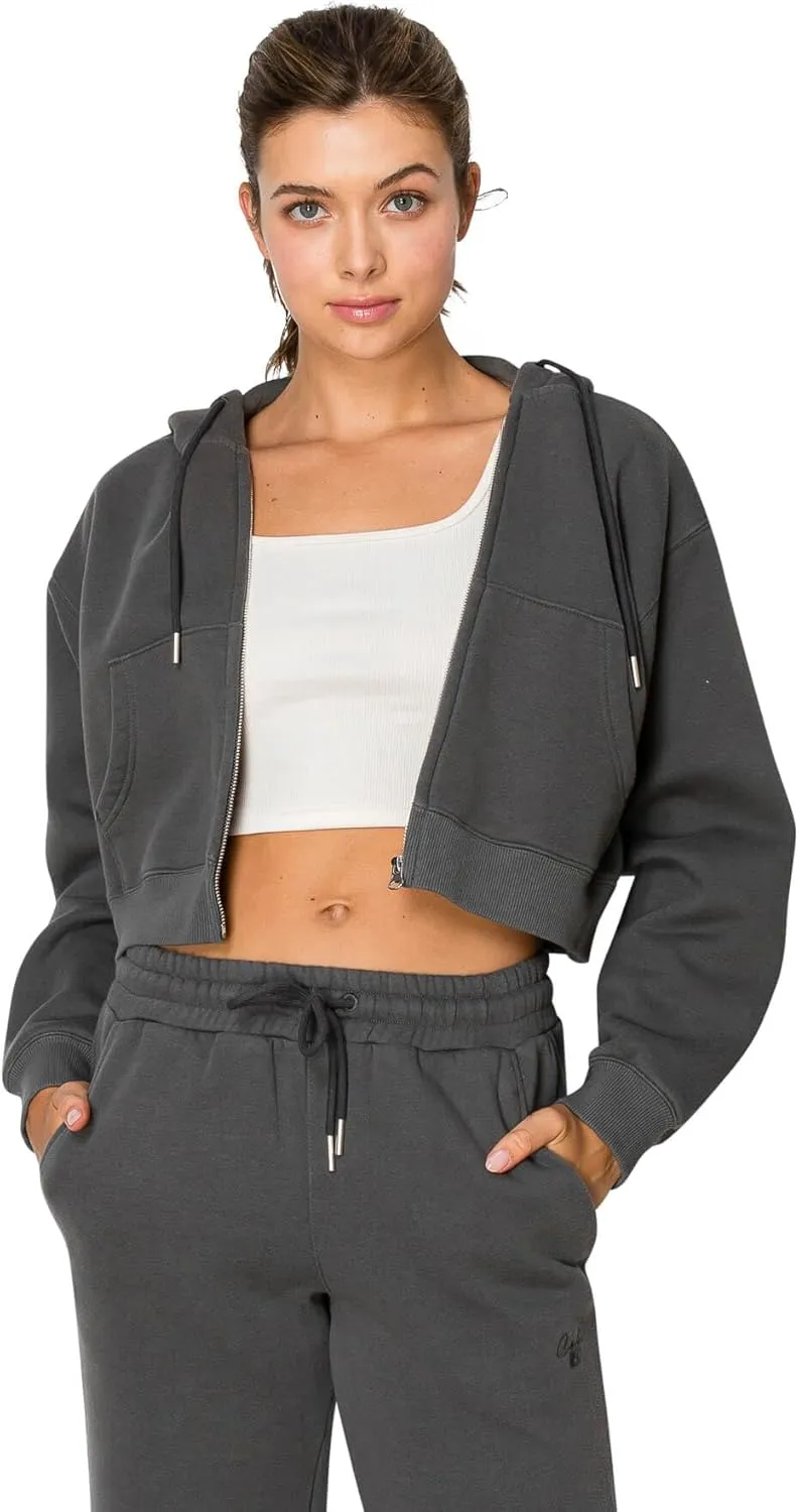 Cali1850 Women's Cloud Nine Fleece Cropped Zip Hoodie  Relaxed Boyfriend Fit, Double-Layer Hood, Ribbed Cuffs and Hem
