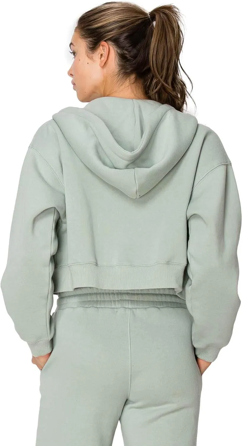 Cali1850 Women's Cloud Nine Fleece Cropped Zip Hoodie  Relaxed Boyfriend Fit, Double-Layer Hood, Ribbed Cuffs and Hem