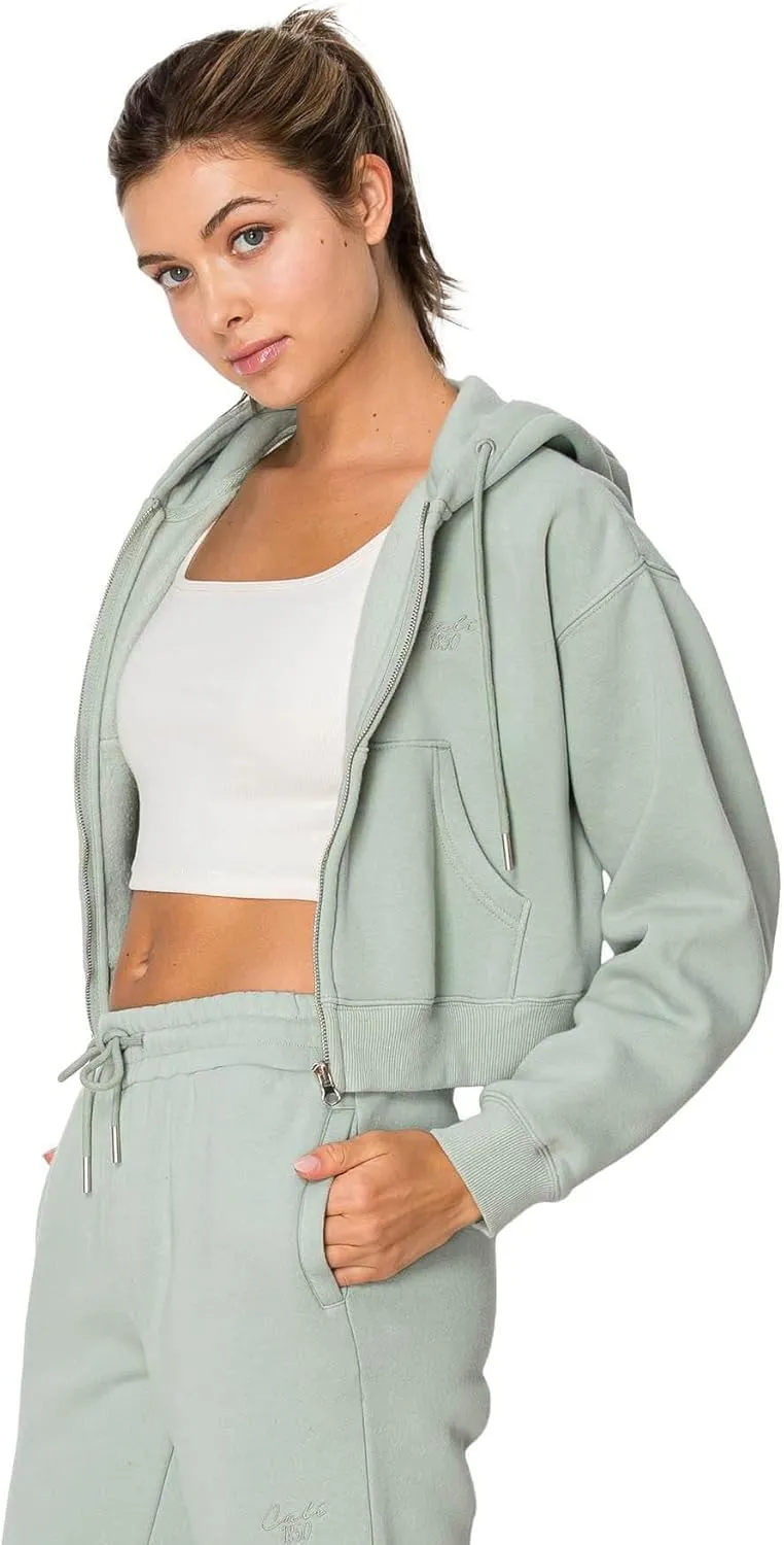 Cali1850 Women's Cloud Nine Fleece Cropped Zip Hoodie  Relaxed Boyfriend Fit, Double-Layer Hood, Ribbed Cuffs and Hem