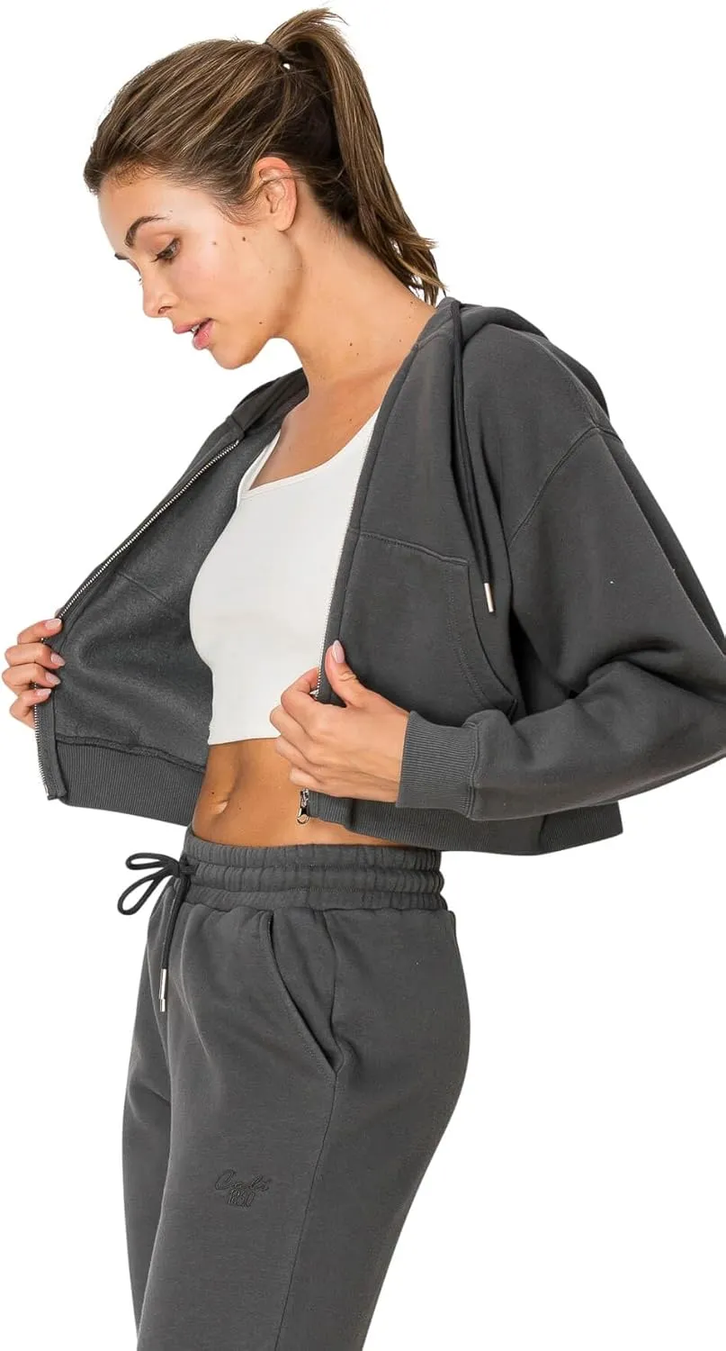 Cali1850 Women's Cloud Nine Fleece Cropped Zip Hoodie  Relaxed Boyfriend Fit, Double-Layer Hood, Ribbed Cuffs and Hem