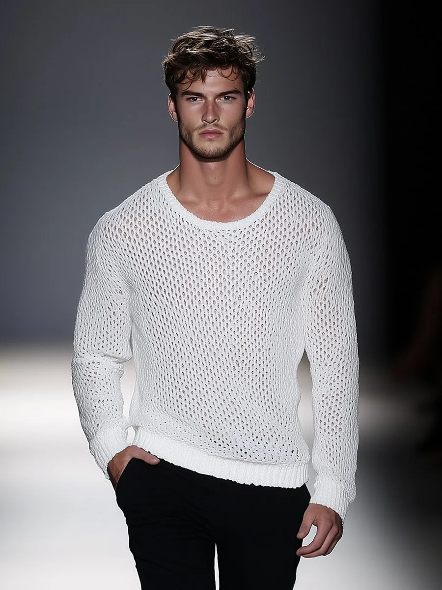 Casual Simple Mesh Crew Neck Long Sleeve Sweater