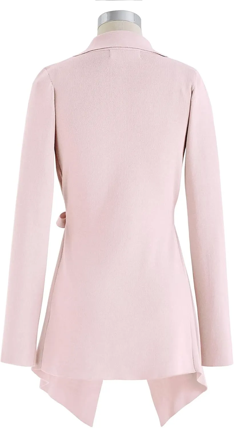 CHICWISH Women's Wide Lapel Tie Waist Knit Cardigan Coatigan Light Jacket