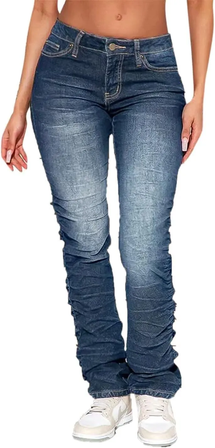 Flamingals Mid Rise Bootcut Jeans Trendy Stretchy Wash Stacked Skinny Jeans Denim Pants