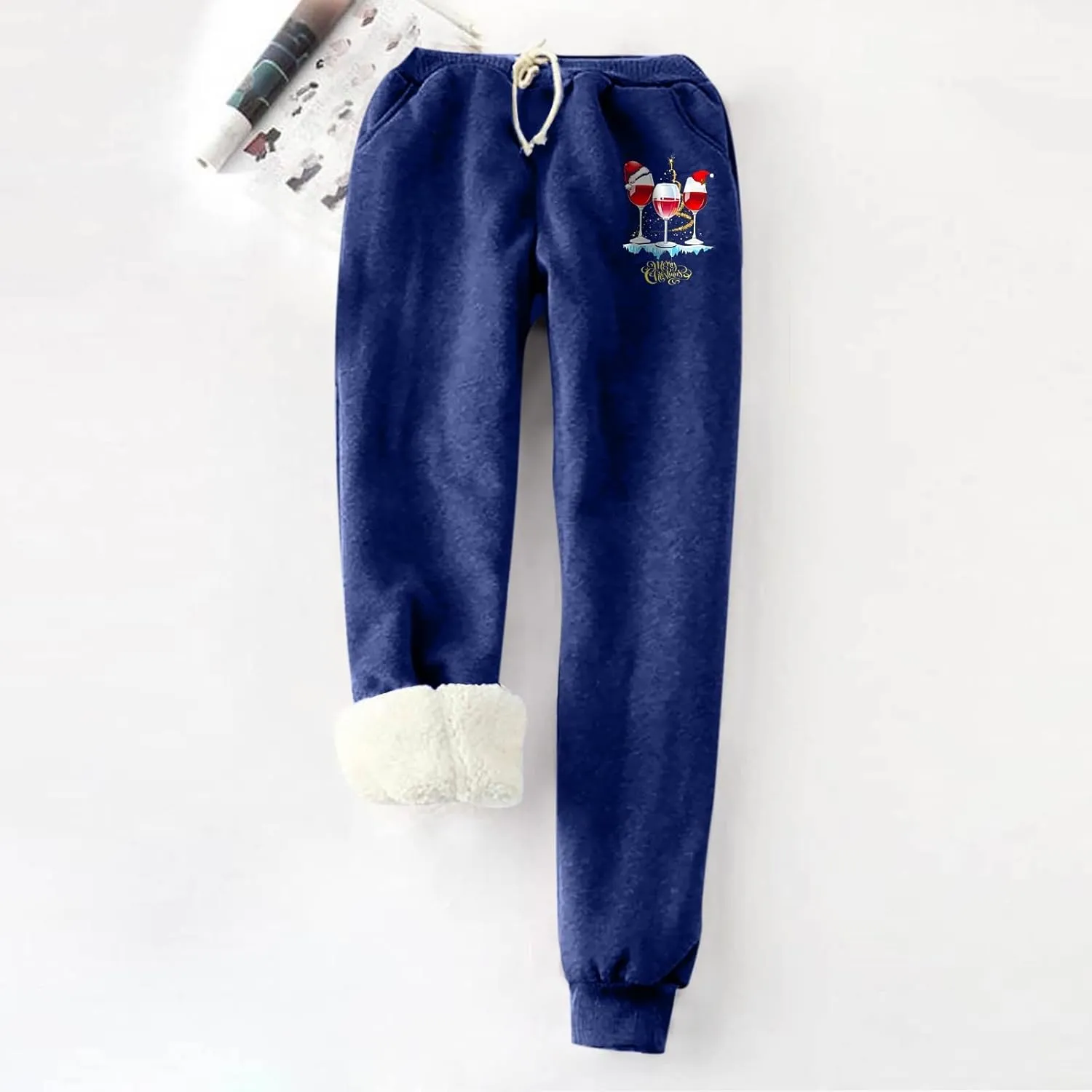 Fleece Lined Sweatpants for Women Wine Glasses Print Sherpa Lined Warm Winter Joggers Soft Trendy Lounge Pants 2023