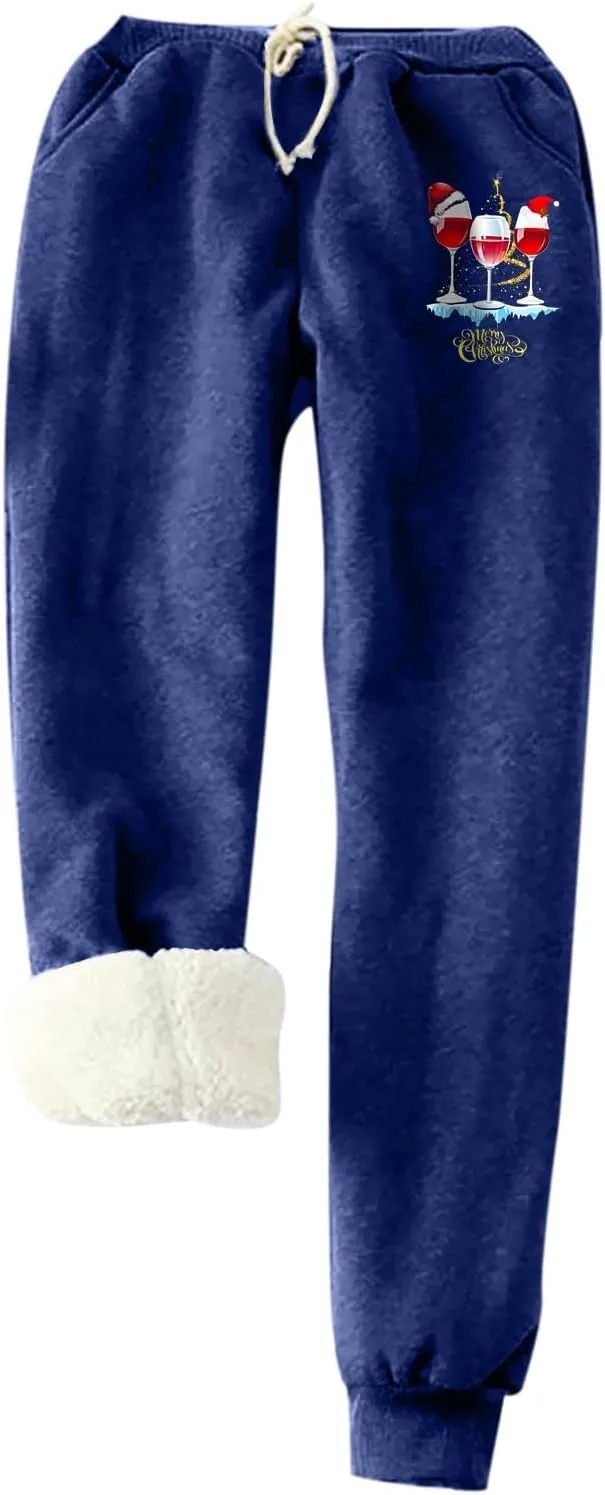 Fleece Lined Sweatpants for Women Wine Glasses Print Sherpa Lined Warm Winter Joggers Soft Trendy Lounge Pants 2023