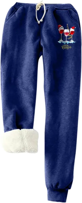 Fleece Lined Sweatpants for Women Wine Glasses Print Sherpa Lined Warm Winter Joggers Soft Trendy Lounge Pants 2023