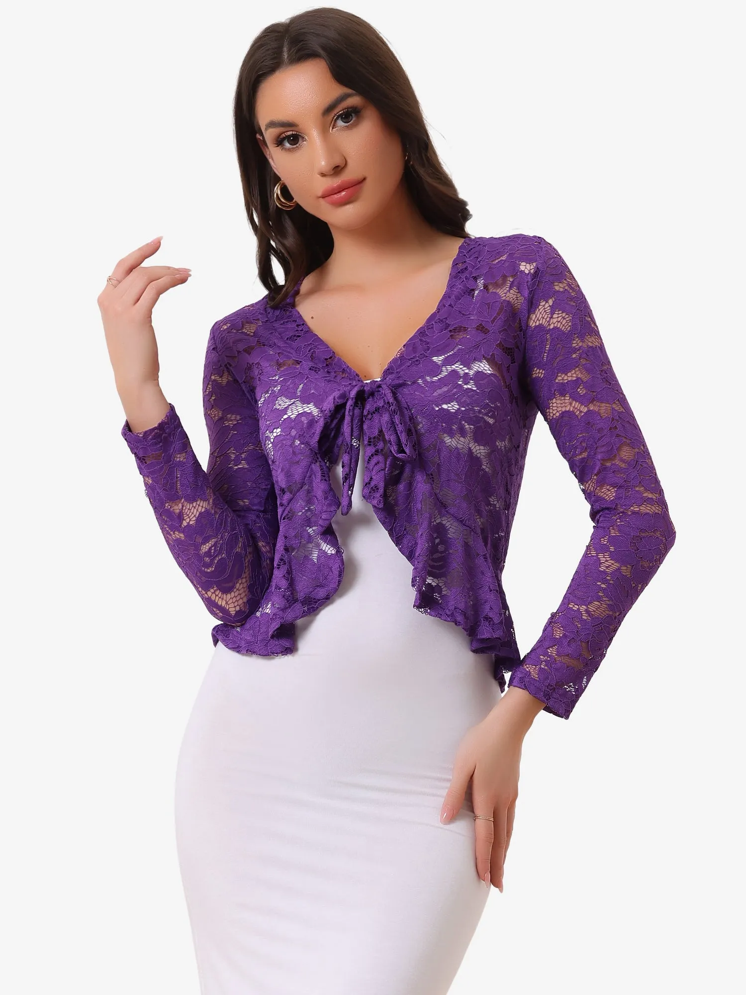 Floral Lace Shrug Tie Front Ruffled Hem Sheer Crop Bolero