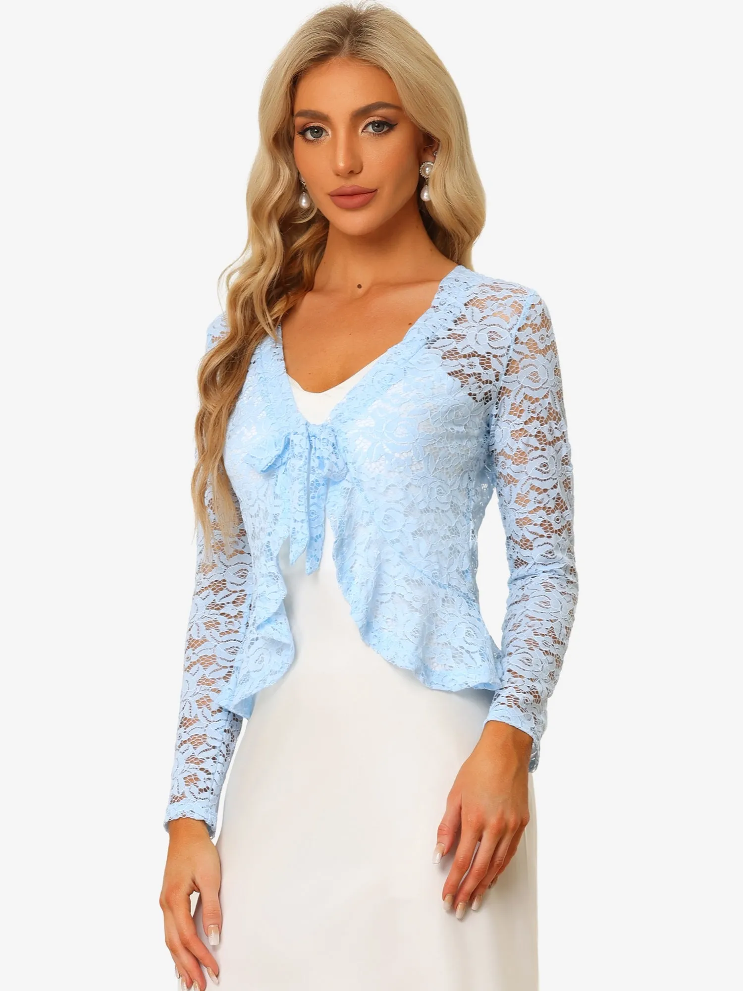 Floral Lace Shrug Tie Front Ruffled Hem Sheer Crop Bolero