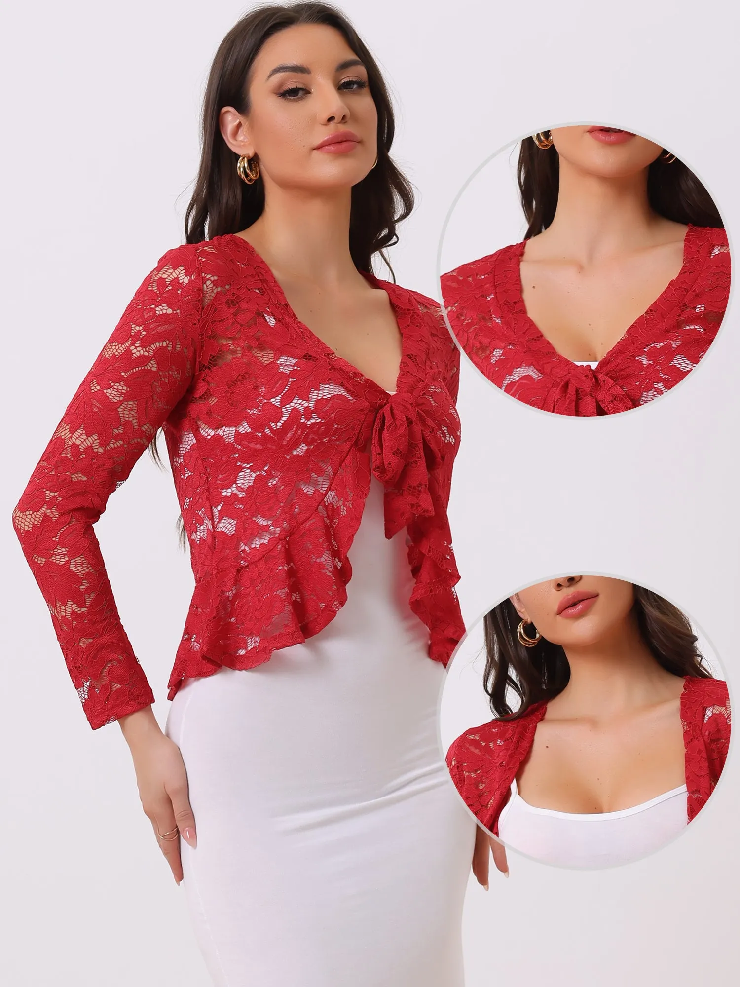 Floral Lace Shrug Tie Front Ruffled Hem Sheer Crop Bolero