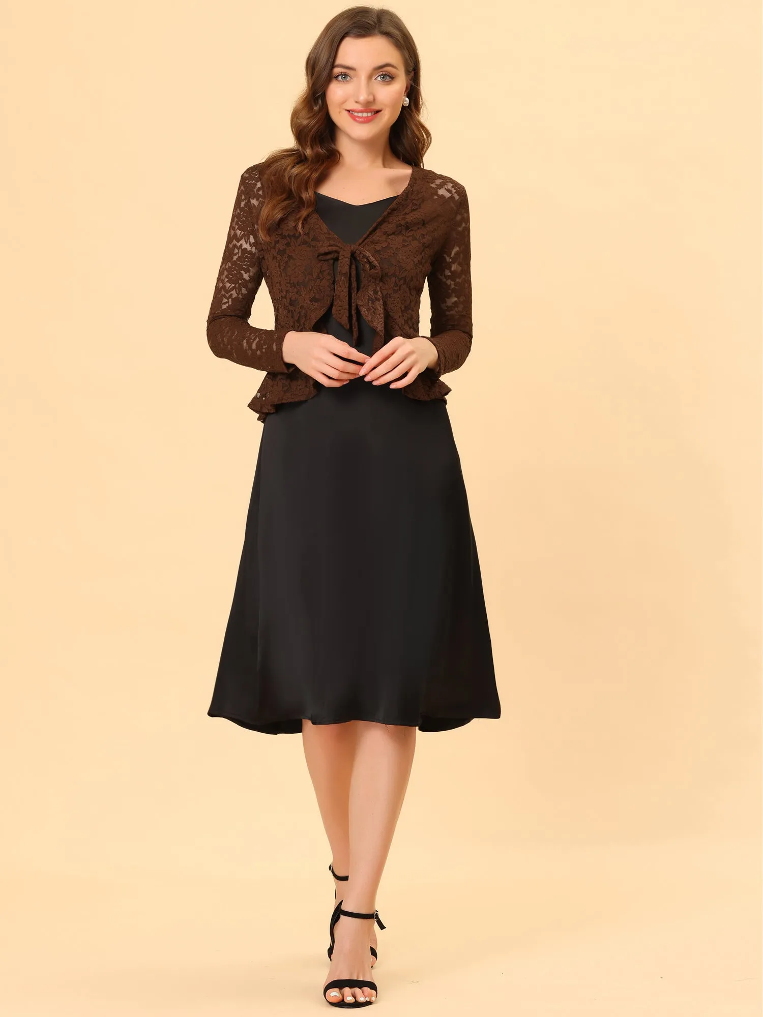 Floral Lace Shrug Tie Front Ruffled Hem Sheer Crop Bolero