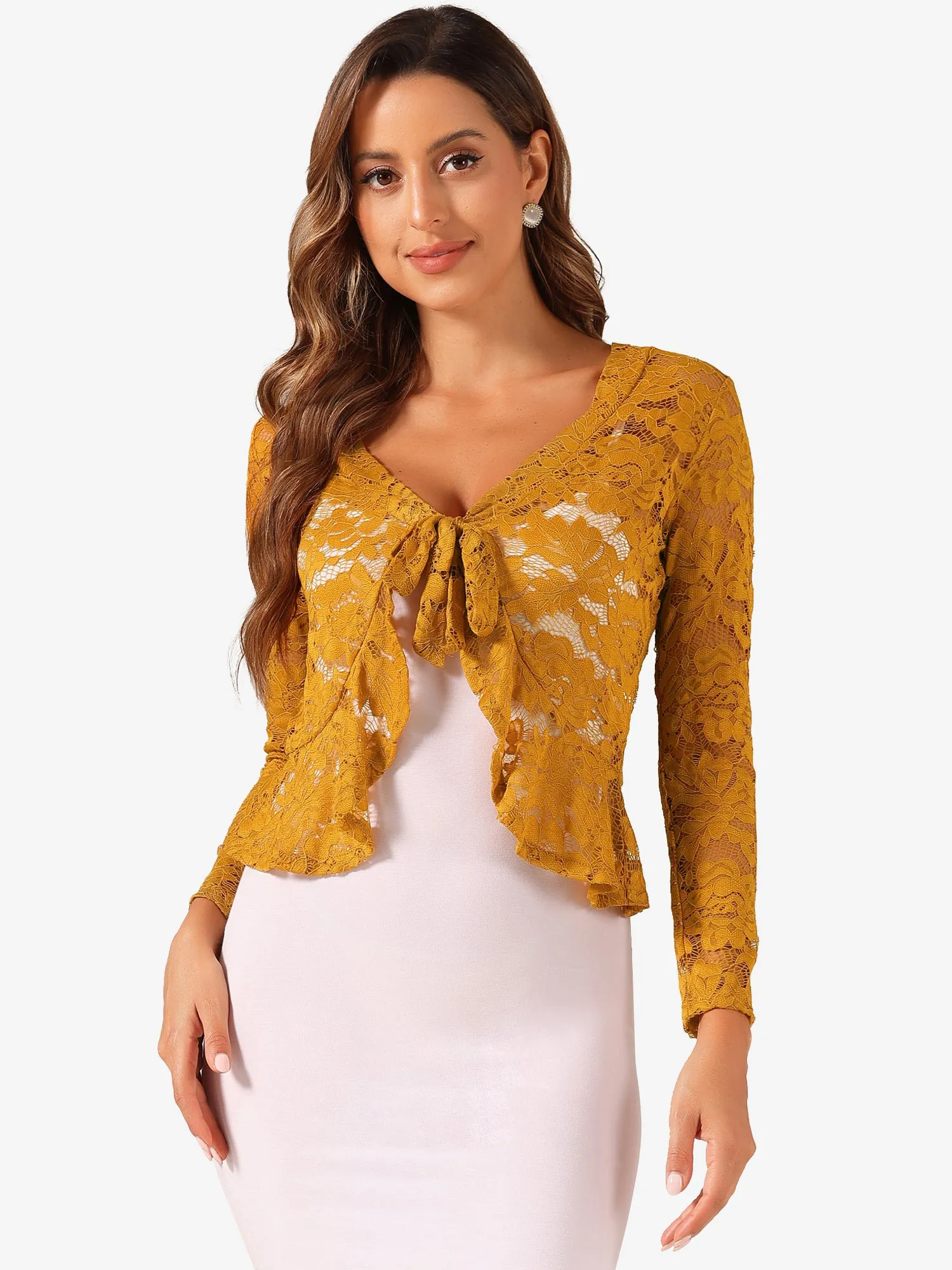 Floral Lace Shrug Tie Front Ruffled Hem Sheer Crop Bolero