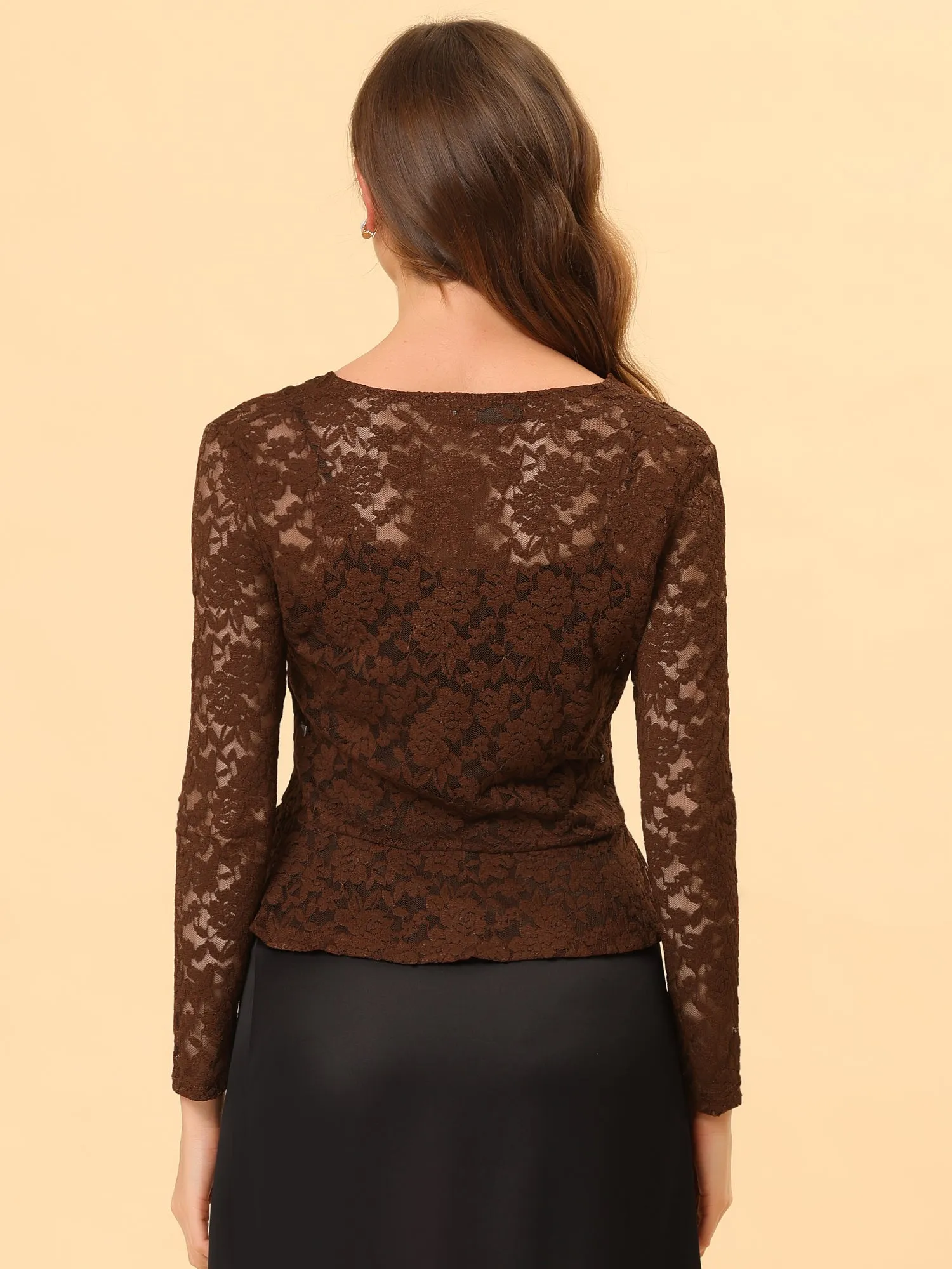 Floral Lace Shrug Tie Front Ruffled Hem Sheer Crop Bolero