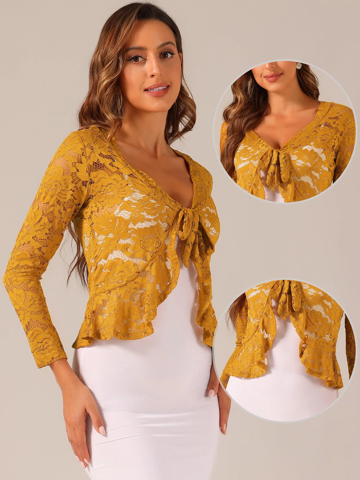 Floral Lace Shrug Tie Front Ruffled Hem Sheer Crop Bolero