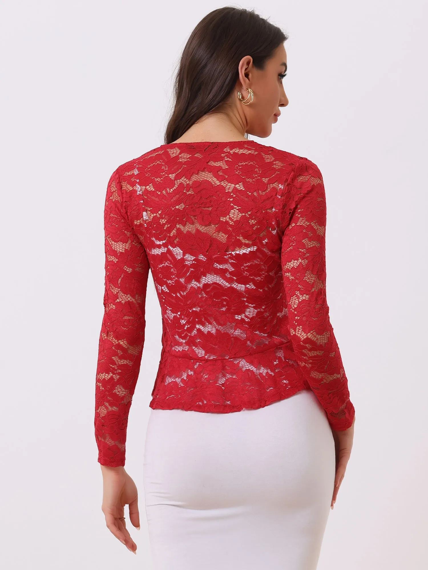 Floral Lace Shrug Tie Front Ruffled Hem Sheer Crop Bolero