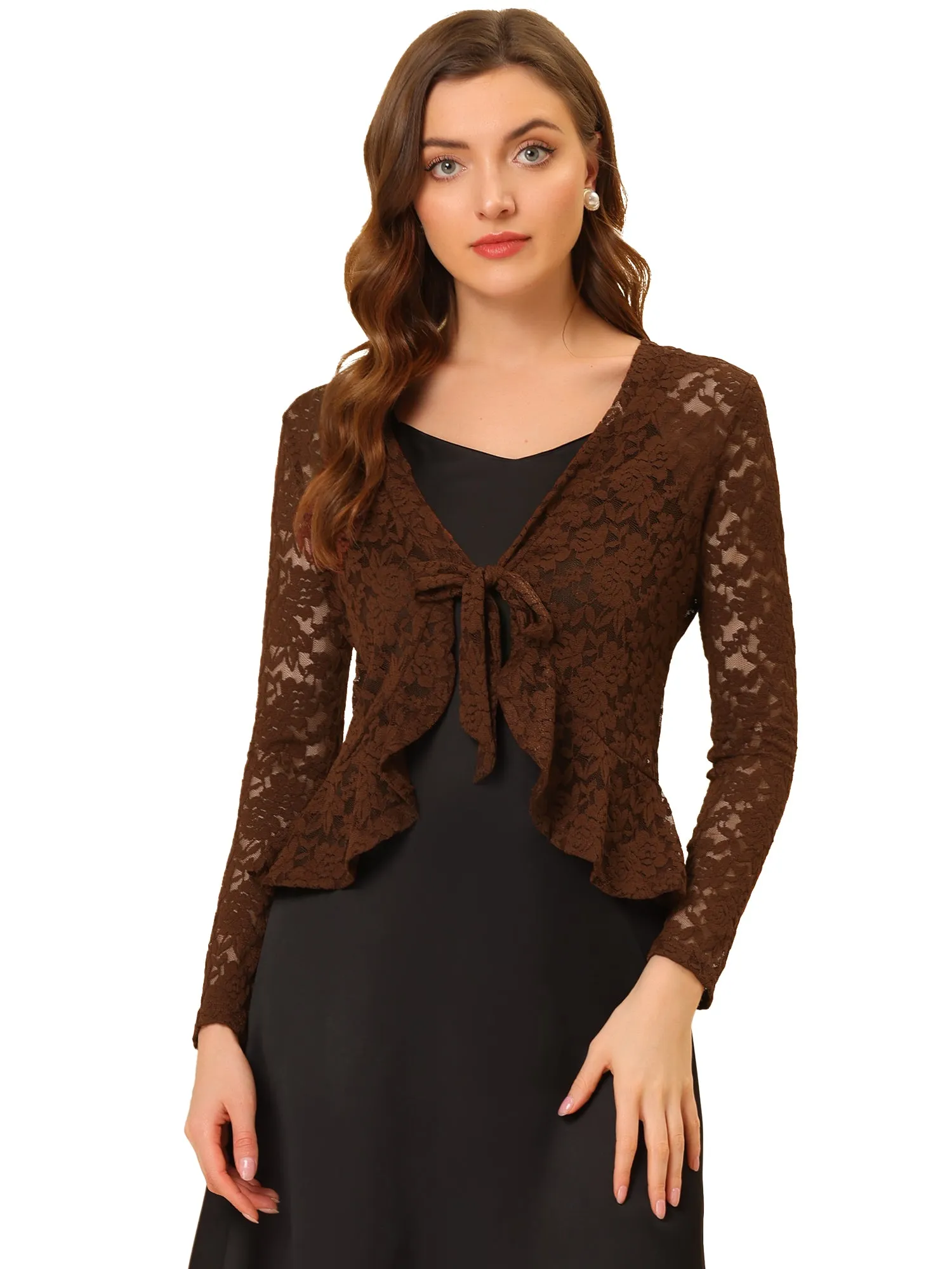 Floral Lace Shrug Tie Front Ruffled Hem Sheer Crop Bolero