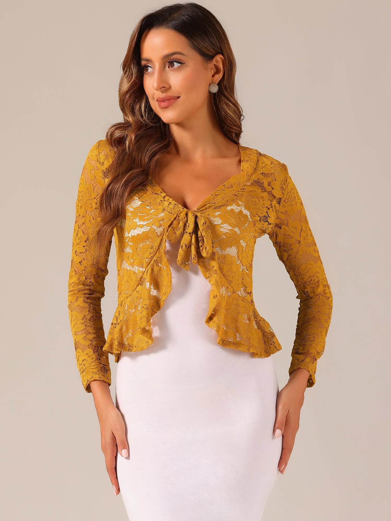Floral Lace Shrug Tie Front Ruffled Hem Sheer Crop Bolero