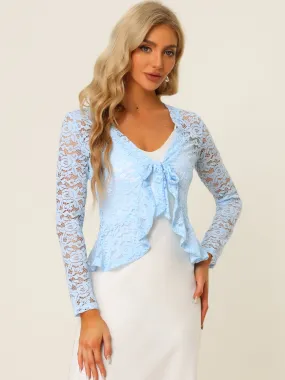 Floral Lace Shrug Tie Front Ruffled Hem Sheer Crop Bolero